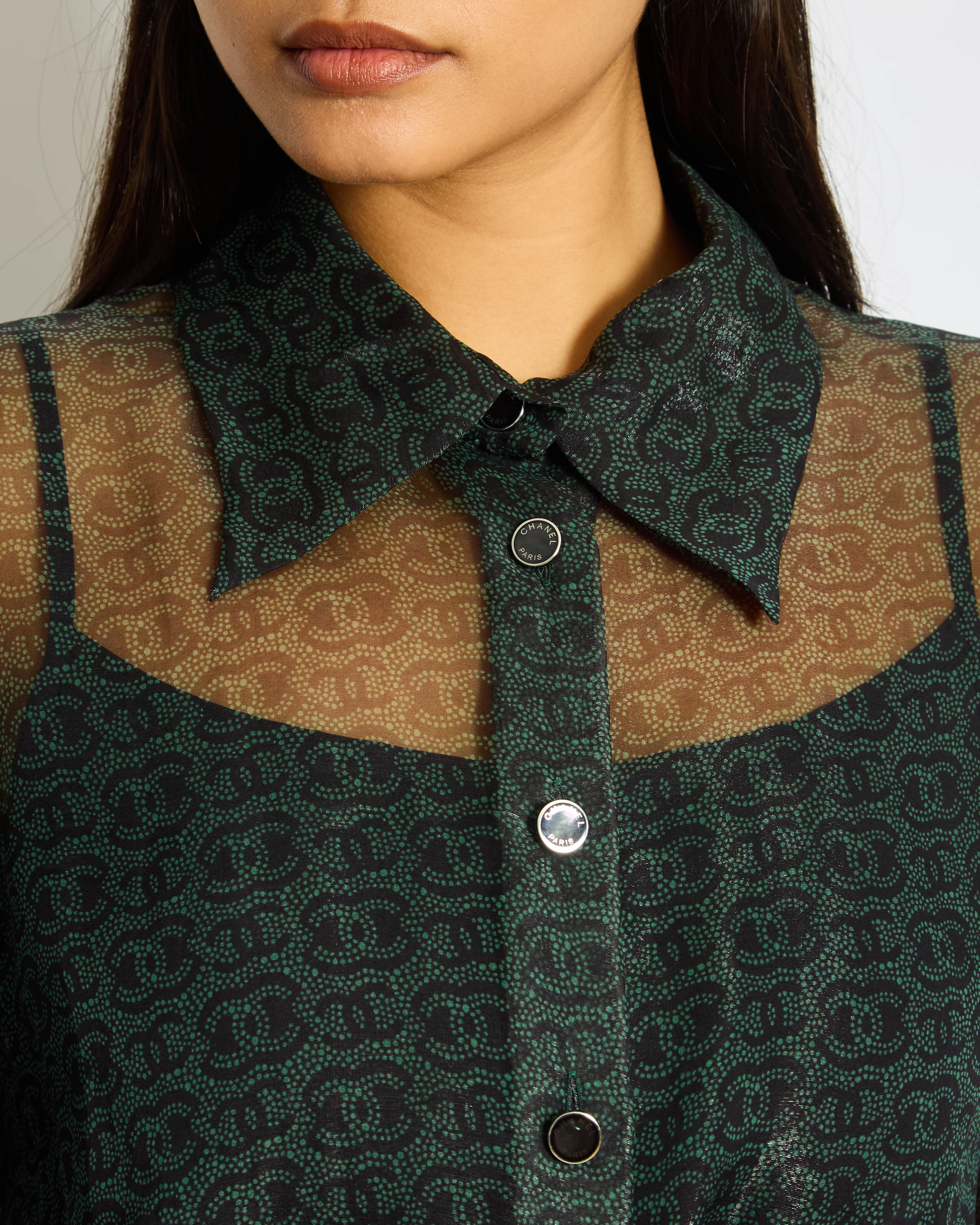 Chanel Khaki Sheer CC Logo Long Sleeve Blouse Size FR 44 (UK 16) - Image 3