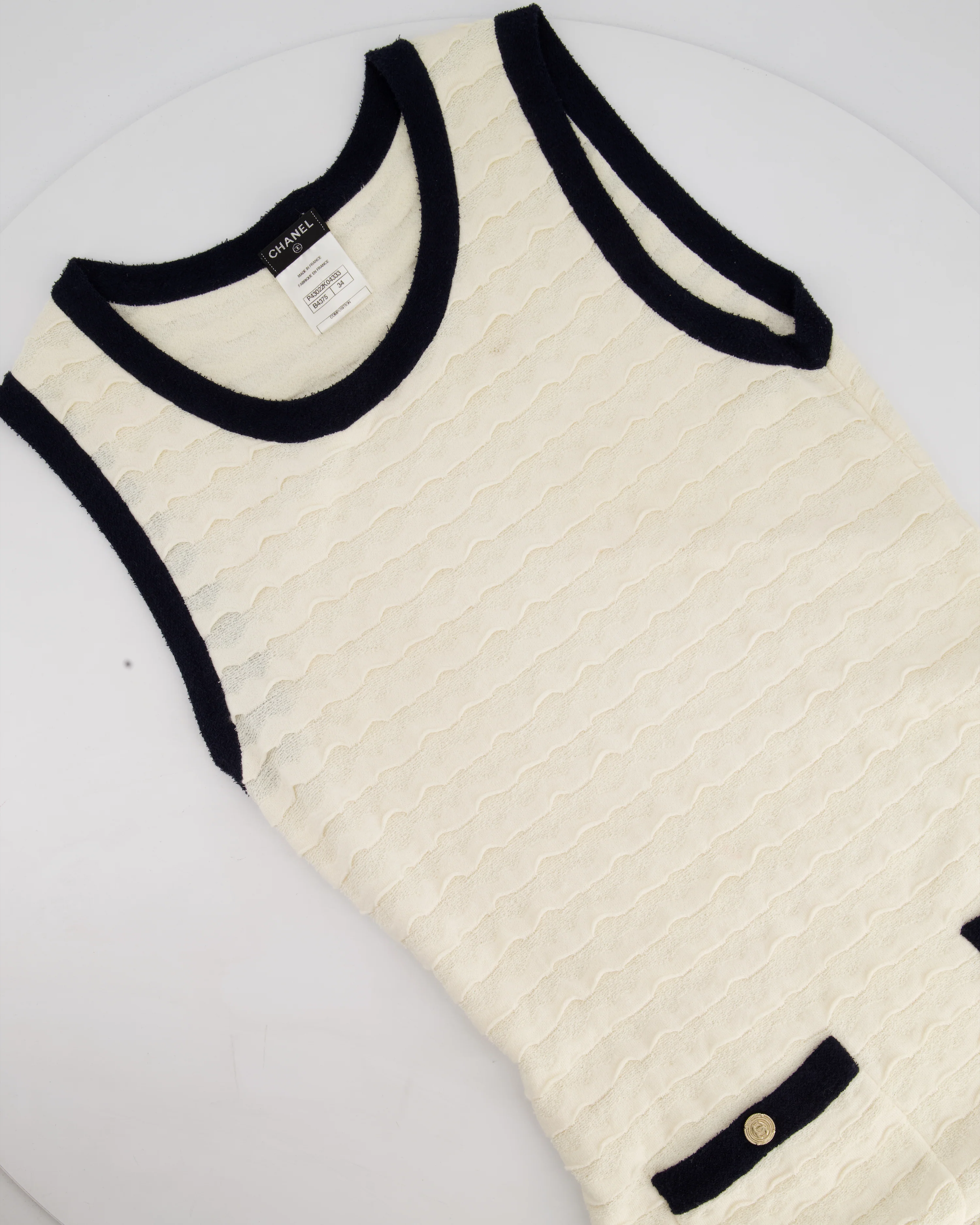 Chanel Cream Sleeveless Midi Dress with Navy Hem and Pocket Detail Size FR 34 (UK 6) - Image 7