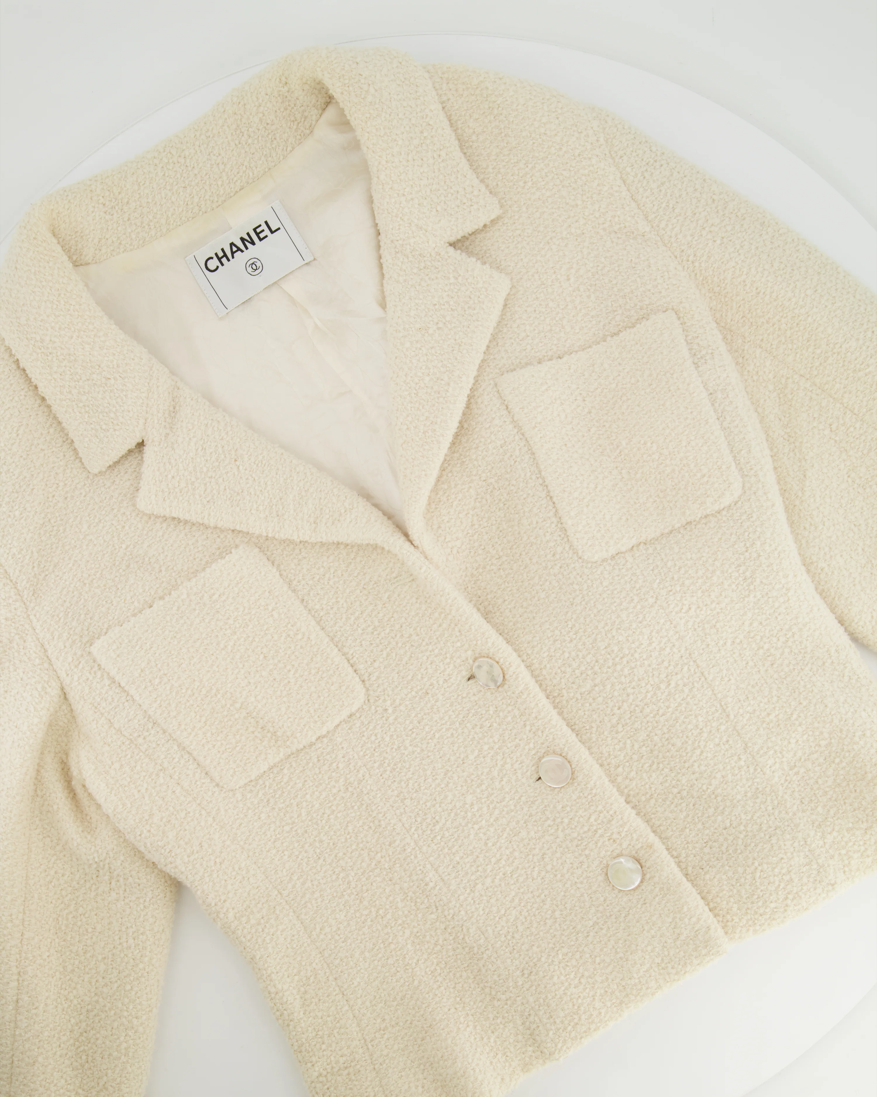 Chanel Cream Tweed Jacket with Ivory Logo CC Button Details Size FR 38 (UK 10) - Image 5