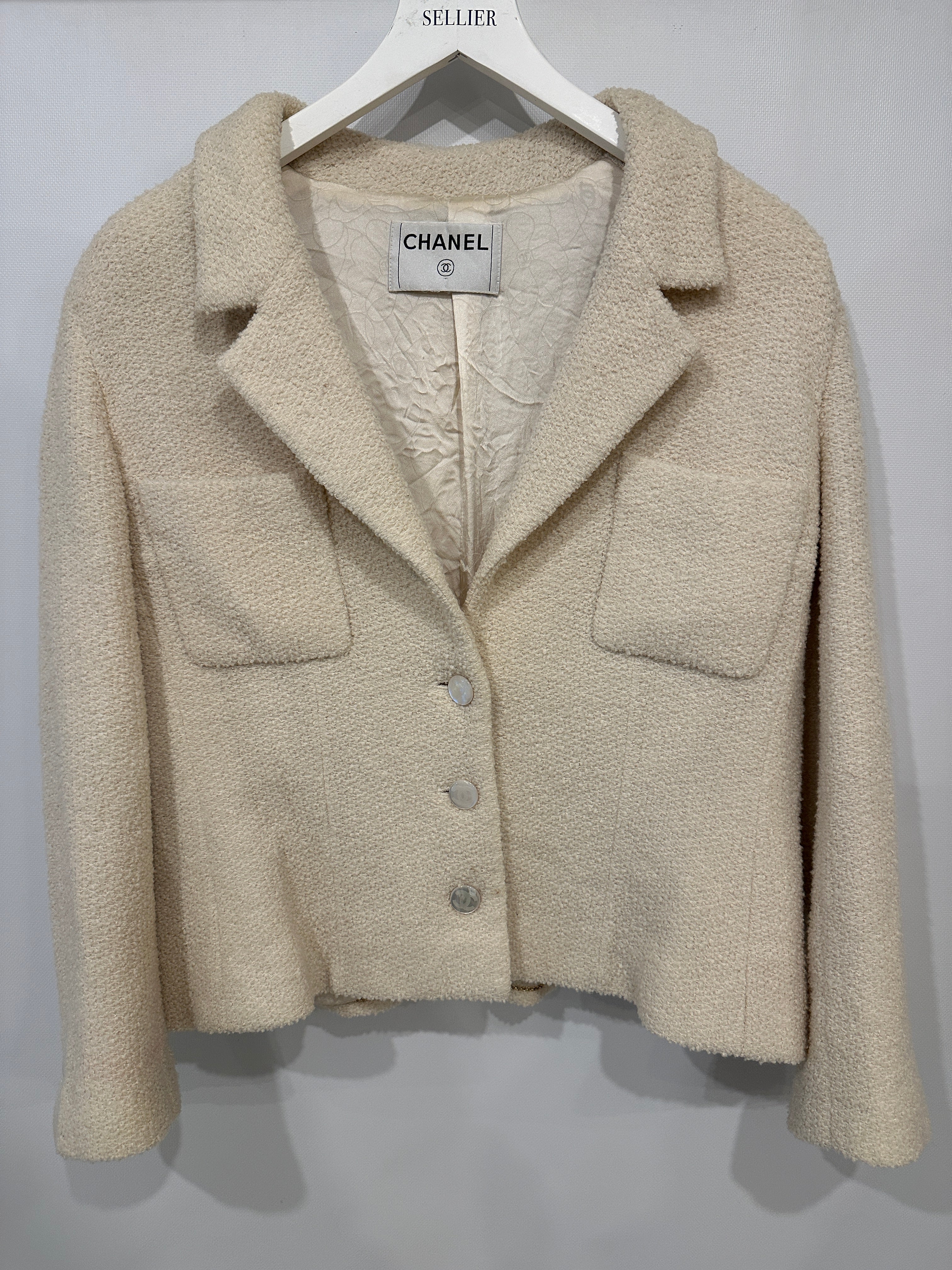 Chanel Cream Tweed Jacket with Ivory Logo CC Button Details Size FR 38 (UK 10) - Image 8