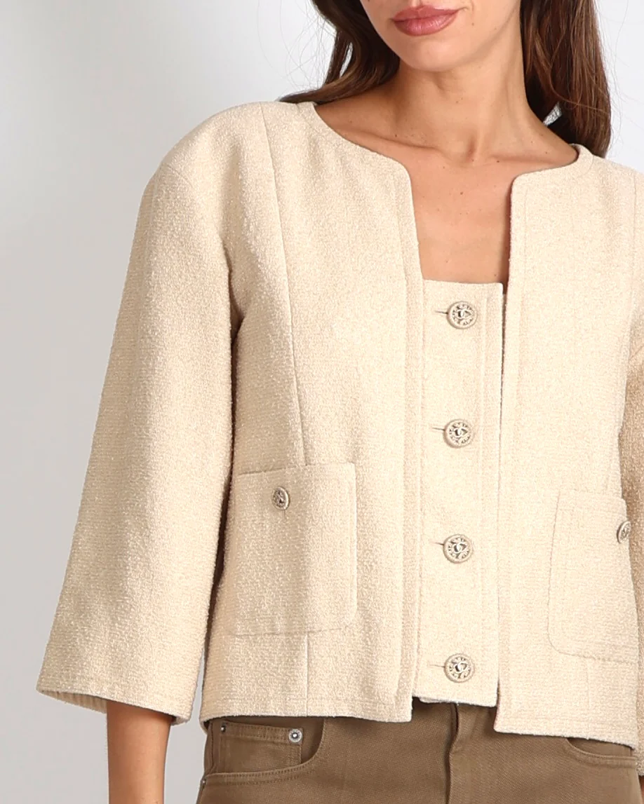 Chanel Cruise 2014 Beige and Metallic Gold Jacket with Gold CC Logo Buttons Size FR 42 (UK 14) - Image 4