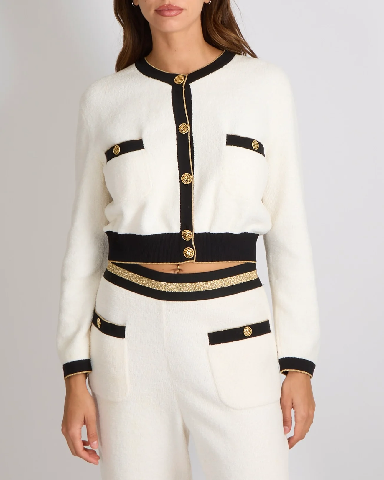 Chanel Cruise 2019 La Pausa Cream Cardigan with Black and Gold Trim and CC Logo Buttons Size FR 38 (UK 10)