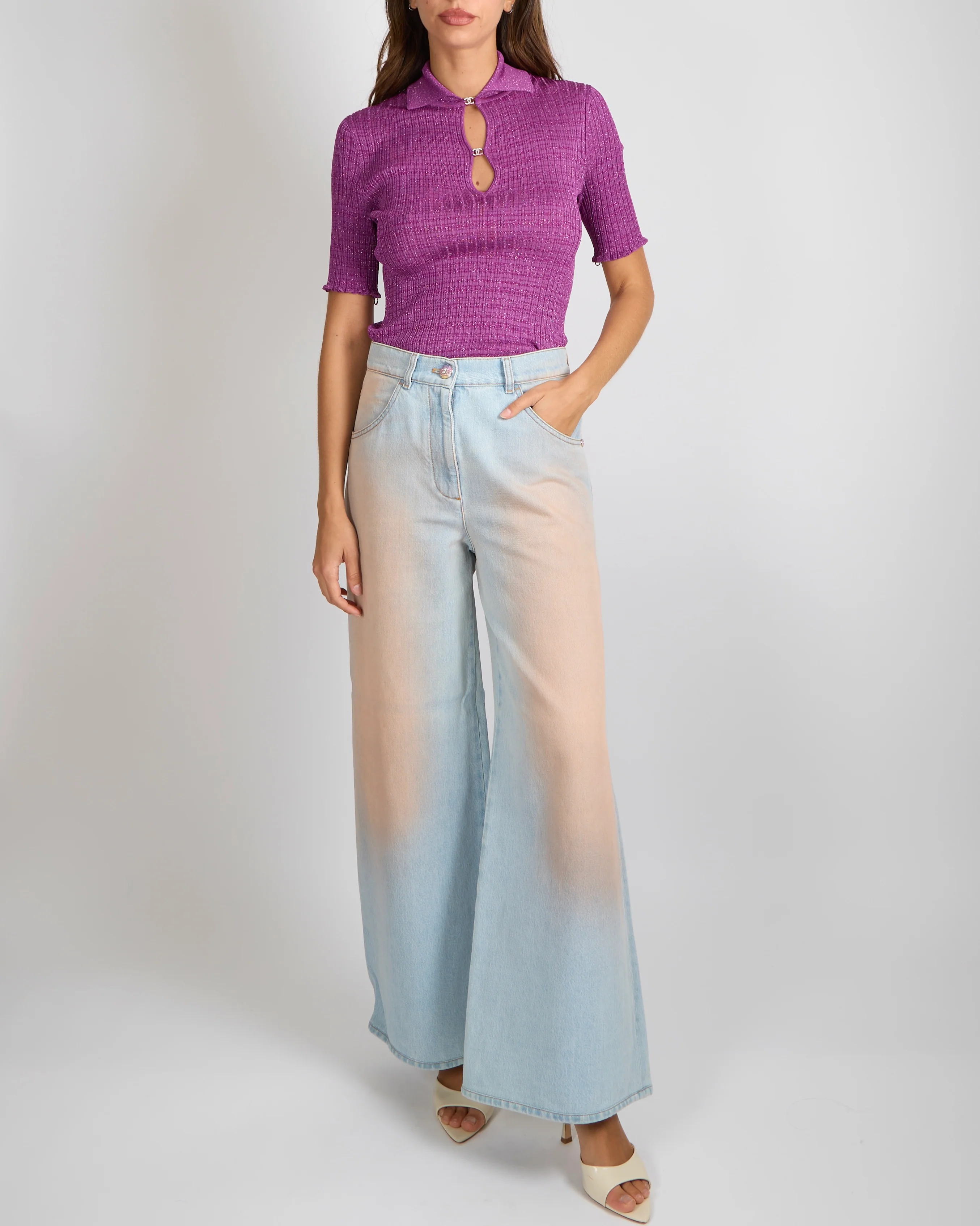 Chanel Cruise 2023 Light Blue Wide-Leg Jeans with Pink Gradient Wash Effect and Rainbow Crystal CC Logo Button Detail Size FR 36 (UK 8)