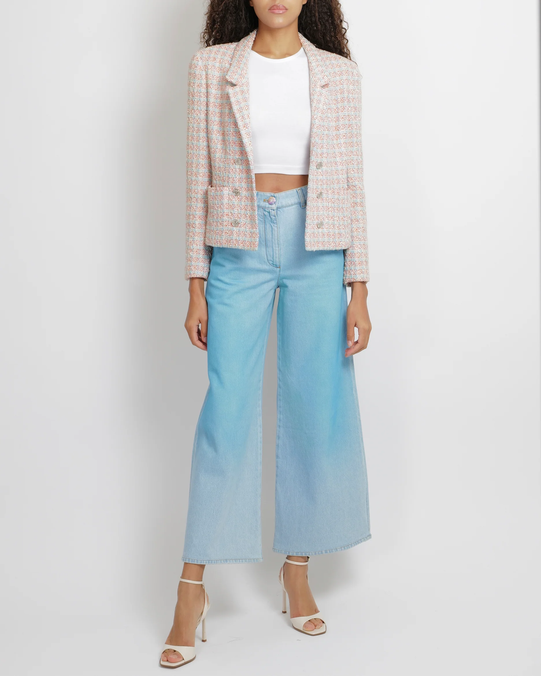 Chanel Cruise 2024 Light Blue Wide-Leg Jeans with Multi-Colour Crystal CC Logo Button Size FR 34 (UK 6) - Image 3
