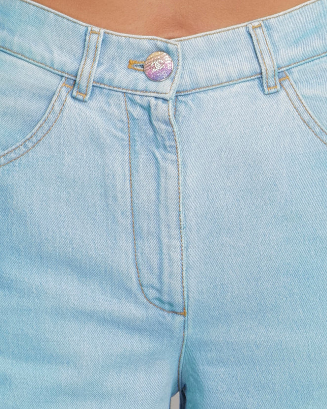 Chanel Cruise 2024 Light Blue Wide-Leg Jeans with Multi-Colour Crystal CC Logo Button Size FR 34 (UK 6) - Image 5