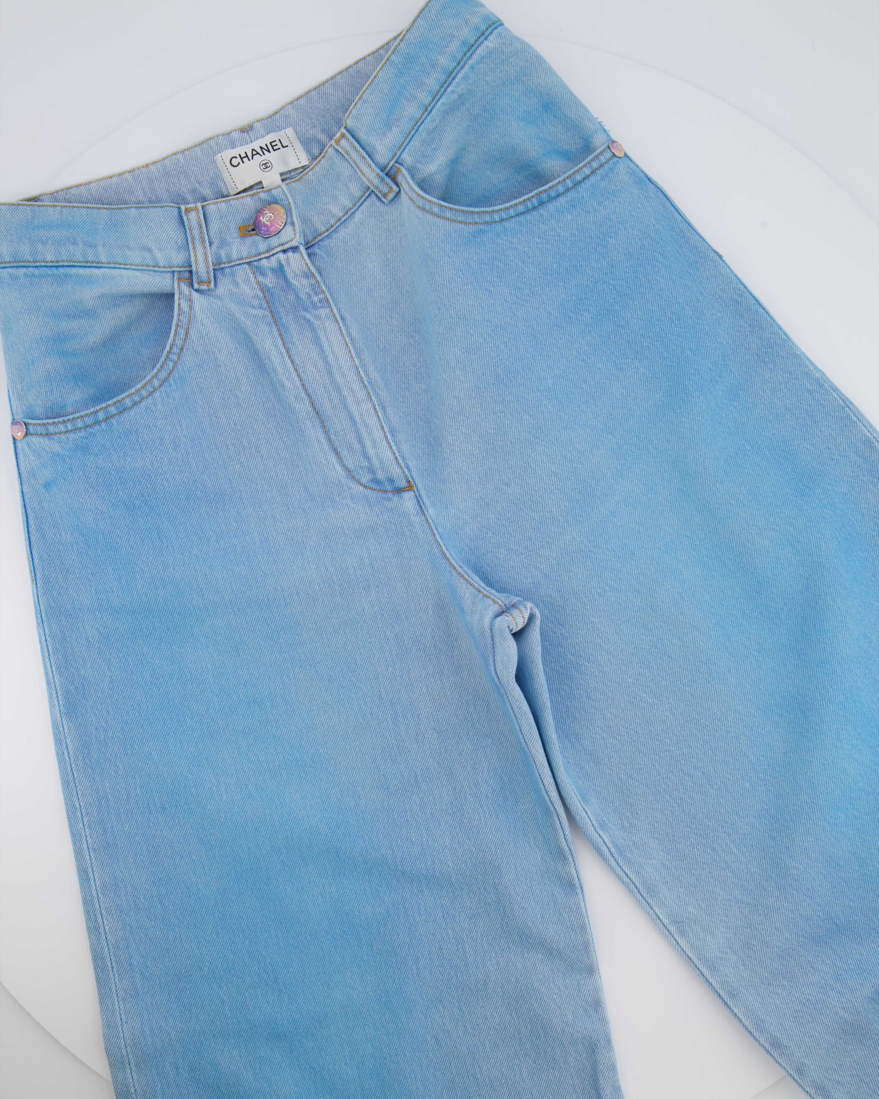 Chanel Cruise 2024 Light Blue Wide-Leg Jeans with Multi-Colour Crystal CC Logo Button Size FR 34 (UK 6) - Image 6