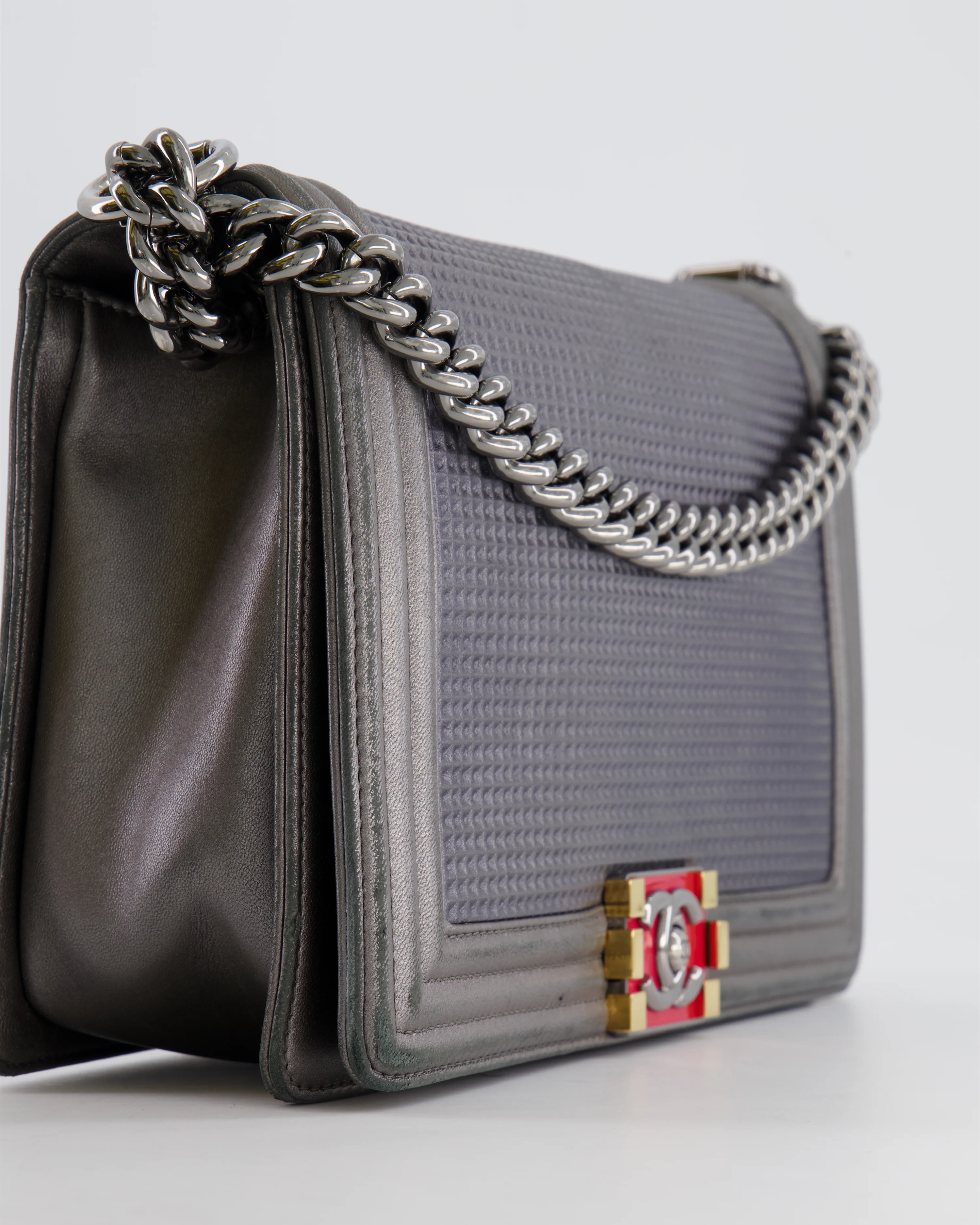 Chanel Grey Silver Medium Cube Calfskin Boy Bag with Silver, Gold and Red Hardware - Image 10