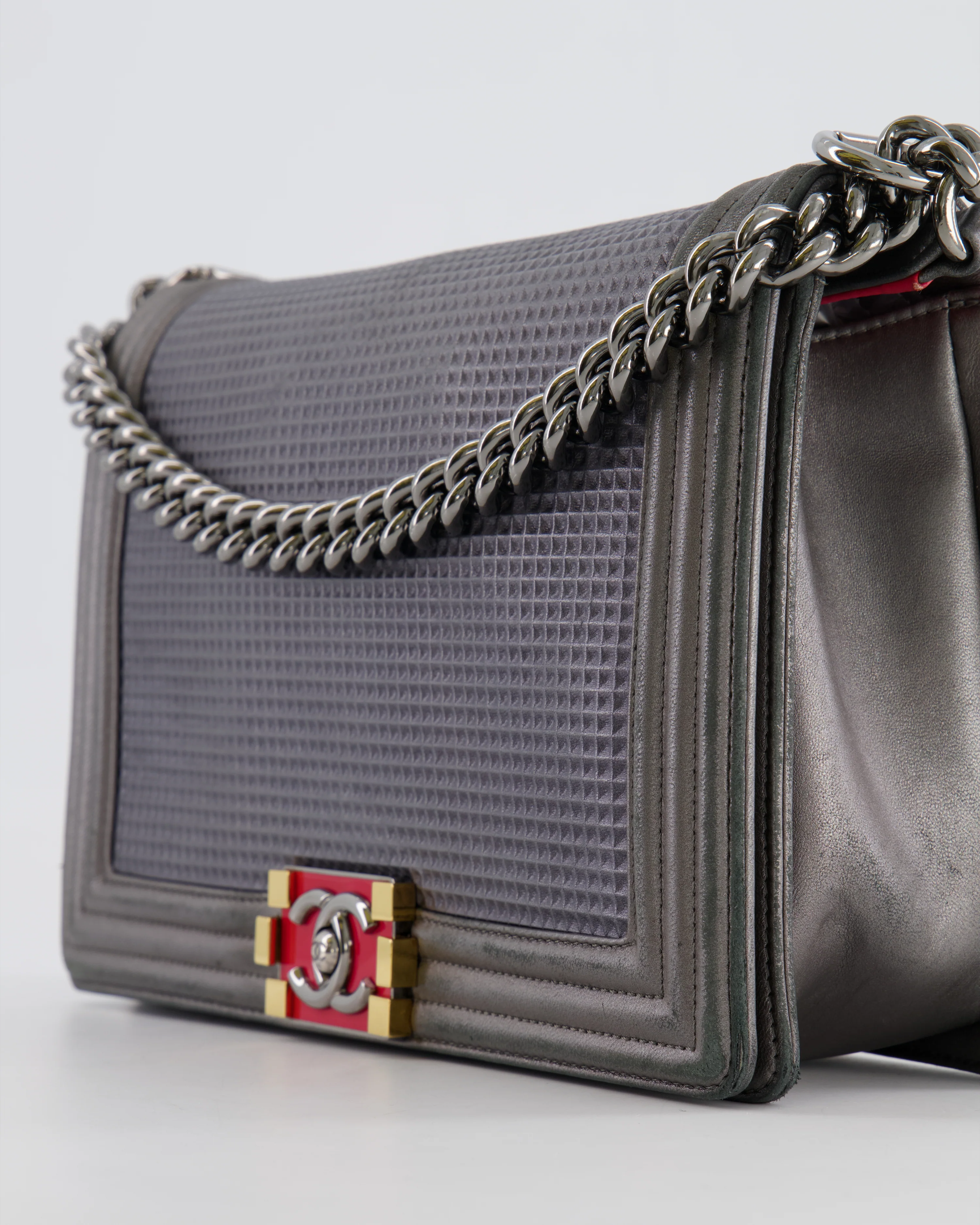 Chanel Grey Silver Medium Cube Calfskin Boy Bag with Silver, Gold and Red Hardware - Image 11