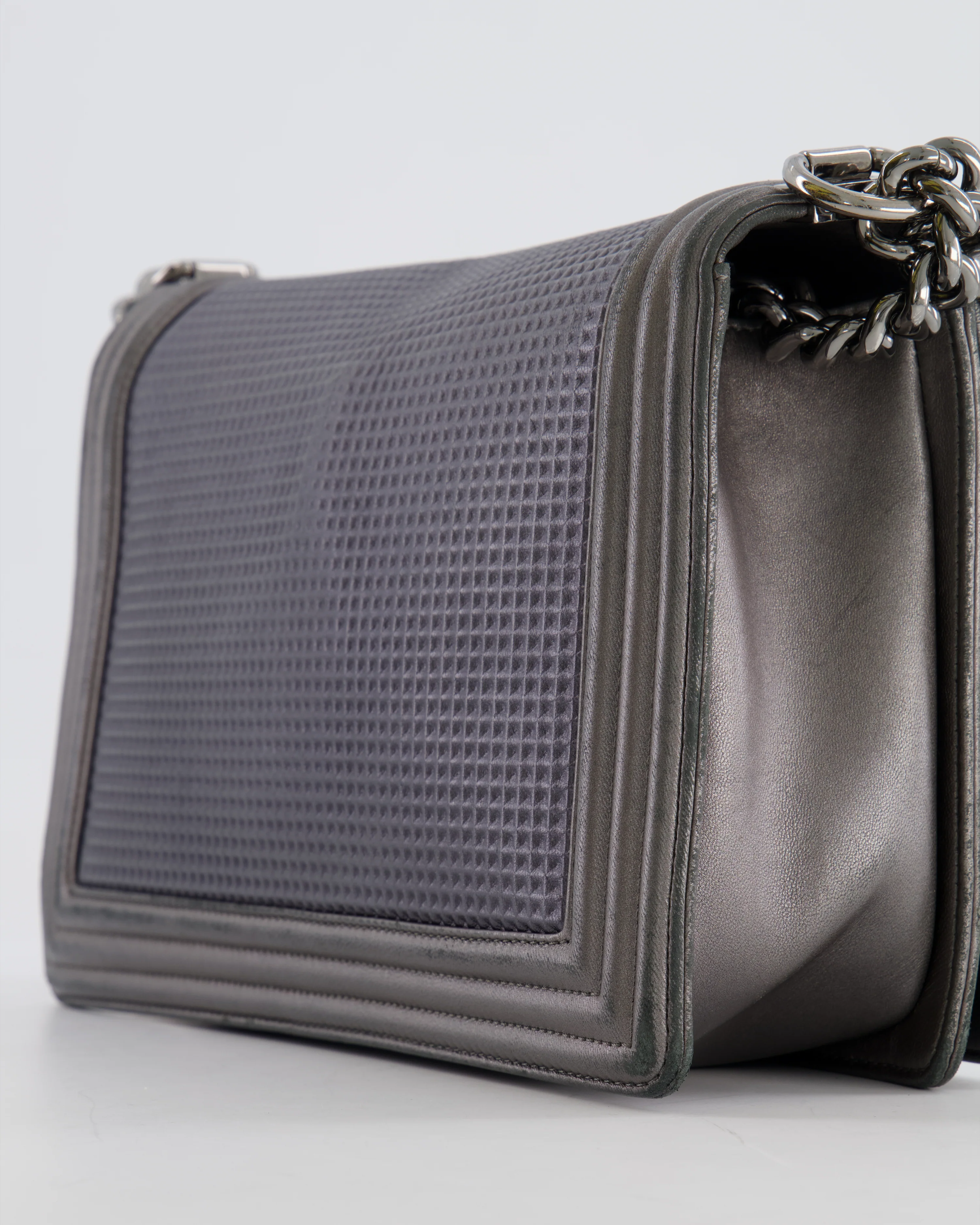 Chanel Grey Silver Medium Cube Calfskin Boy Bag with Silver, Gold and Red Hardware - Image 12