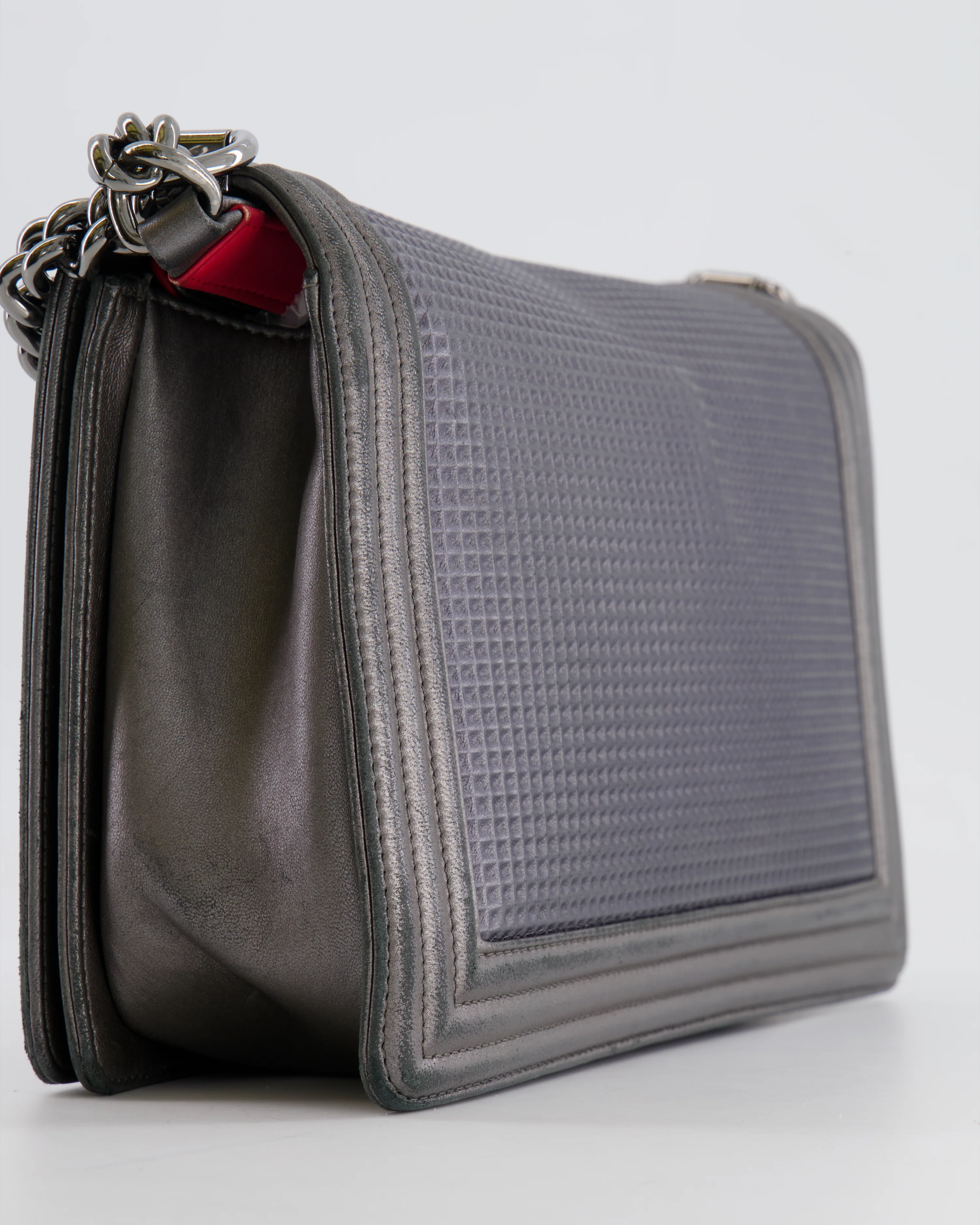 Chanel Grey Silver Medium Cube Calfskin Boy Bag with Silver, Gold and Red Hardware - Image 13