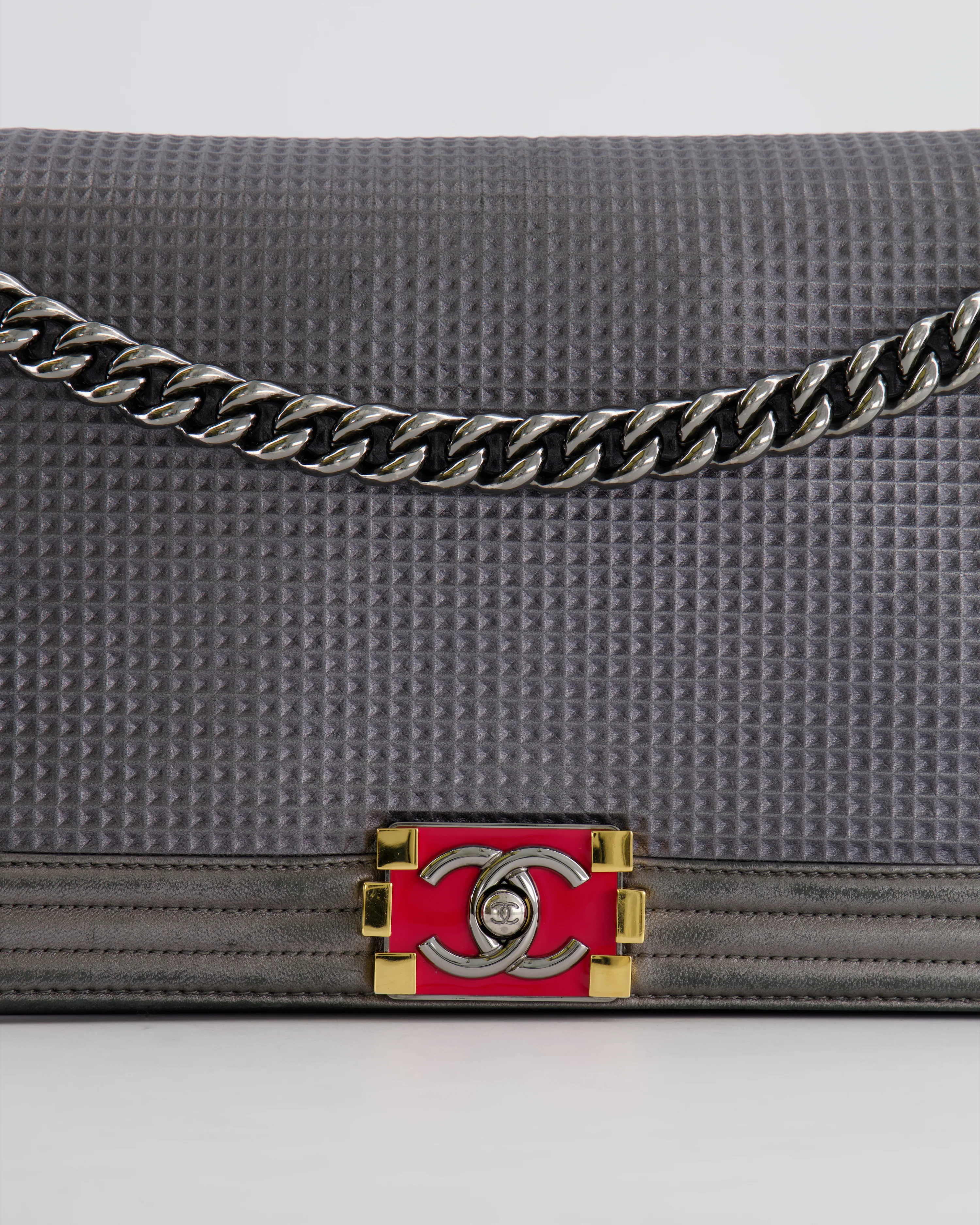 Chanel Grey Silver Medium Cube Calfskin Boy Bag with Silver, Gold and Red Hardware - Image 14