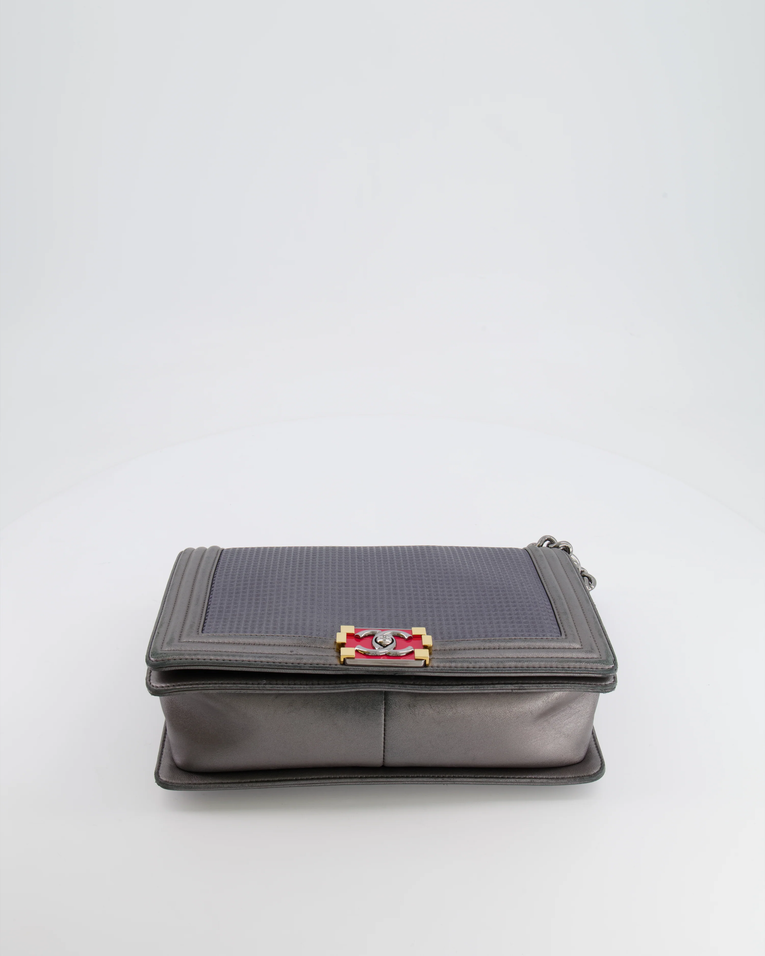 Chanel Grey Silver Medium Cube Calfskin Boy Bag with Silver, Gold and Red Hardware - Image 17
