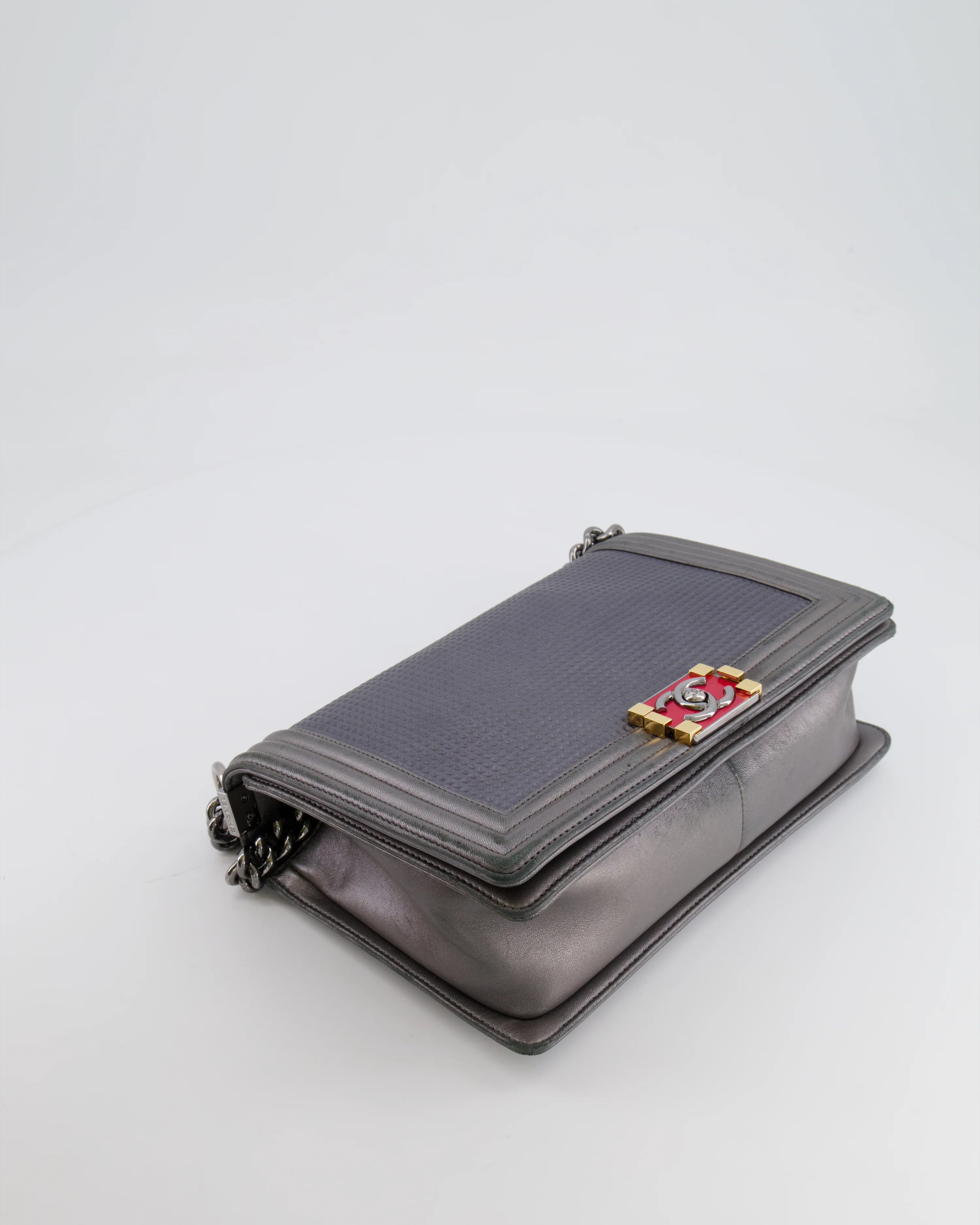 Chanel Grey Silver Medium Cube Calfskin Boy Bag with Silver, Gold and Red Hardware - Image 18