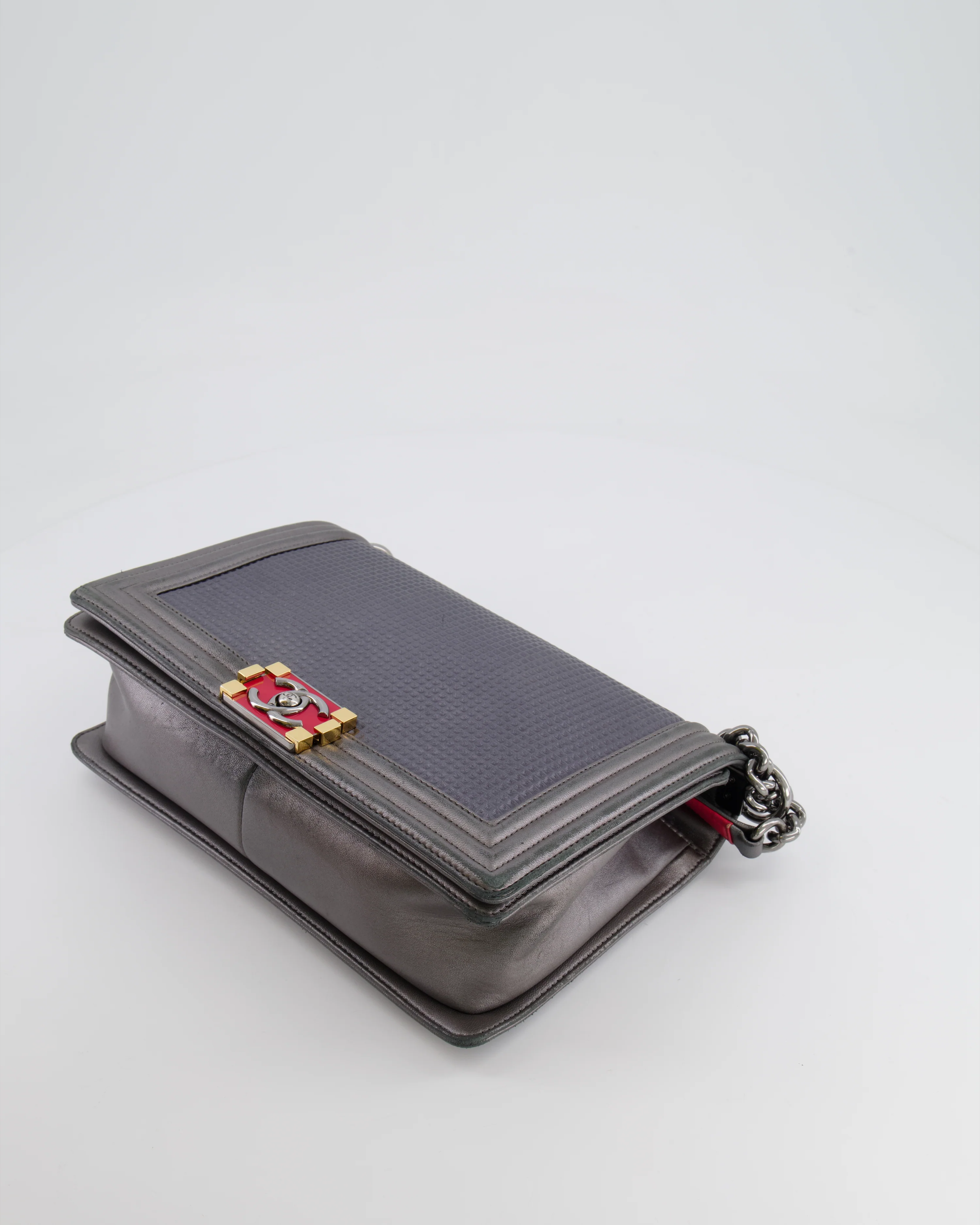 Chanel Grey Silver Medium Cube Calfskin Boy Bag with Silver, Gold and Red Hardware - Image 19