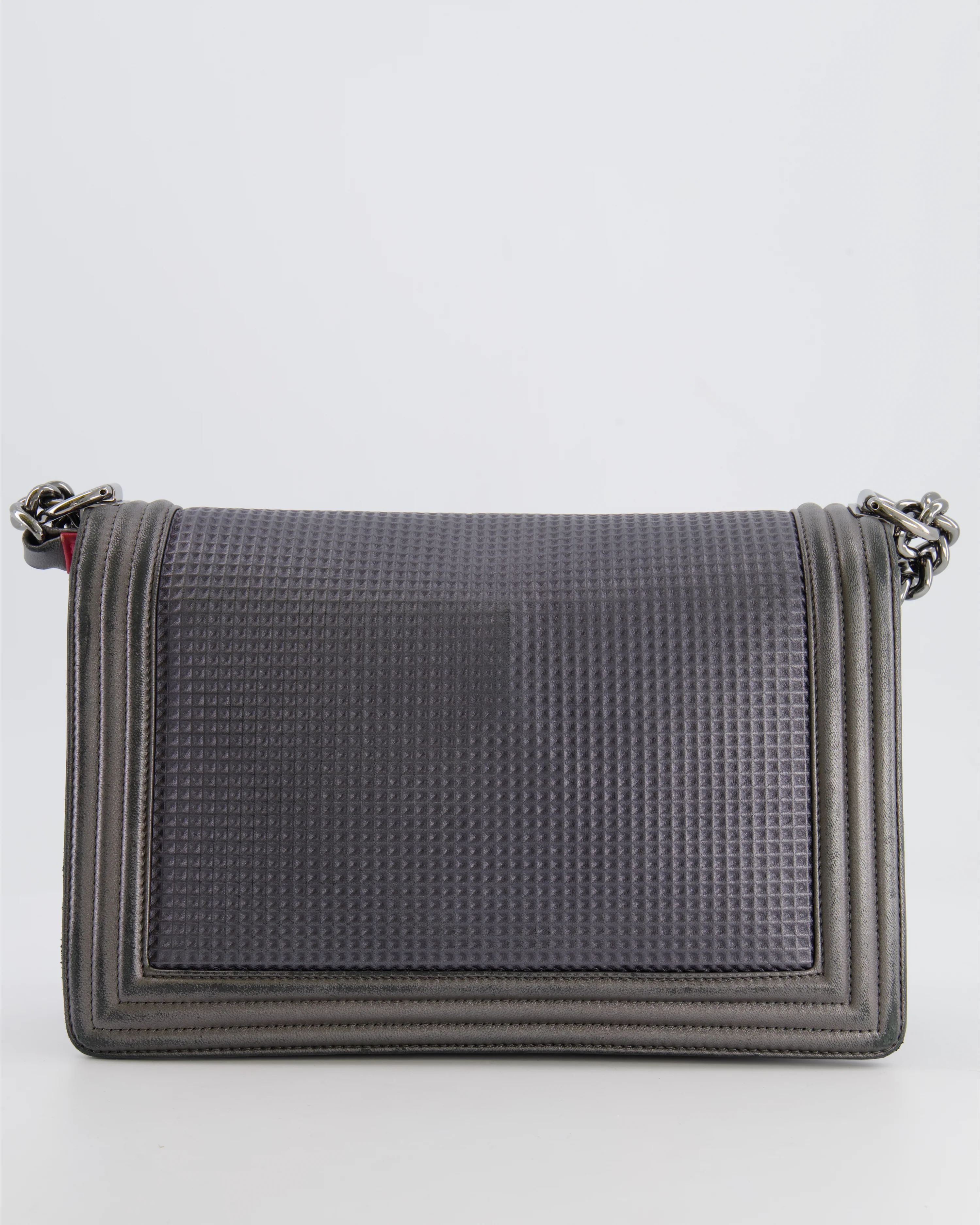 Chanel Grey Silver Medium Cube Calfskin Boy Bag with Silver, Gold and Red Hardware - Image 6