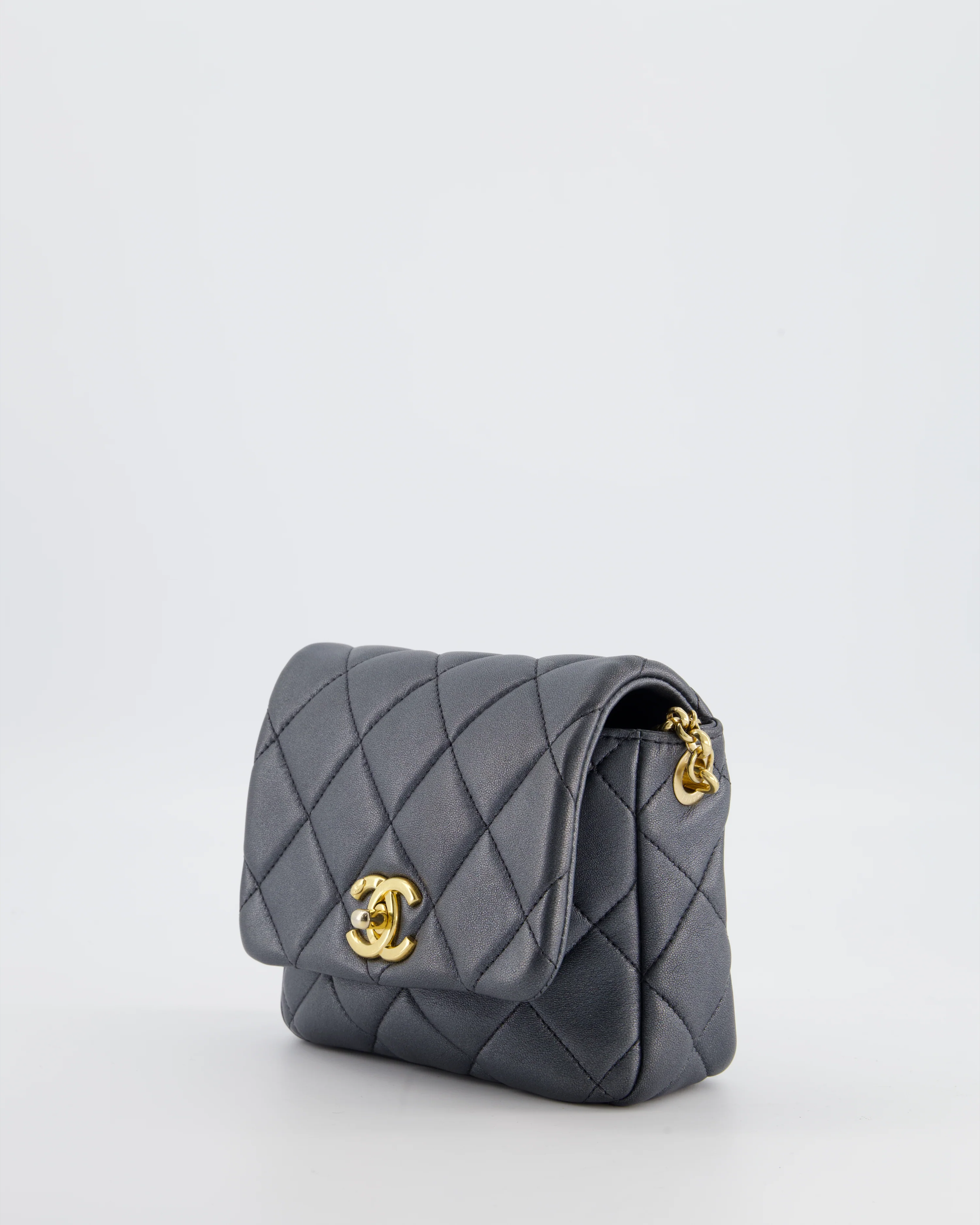 Chanel Dark Metallic Silver Small Flap Bag in Lambskin Leather with Gold Hardware and Chanel Charm Chain - Image 10