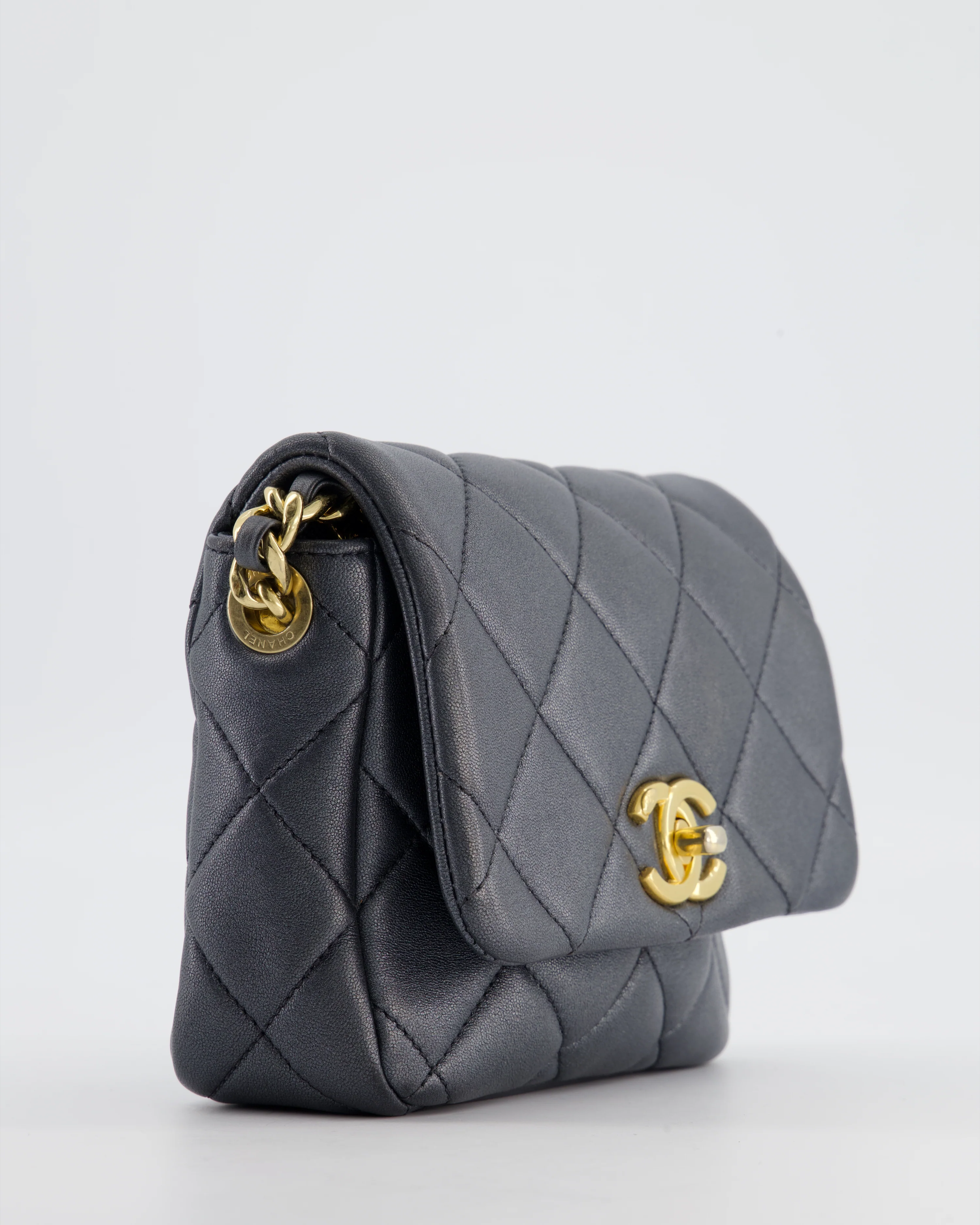 Chanel Dark Metallic Silver Small Flap Bag in Lambskin Leather with Gold Hardware and Chanel Charm Chain - Image 11