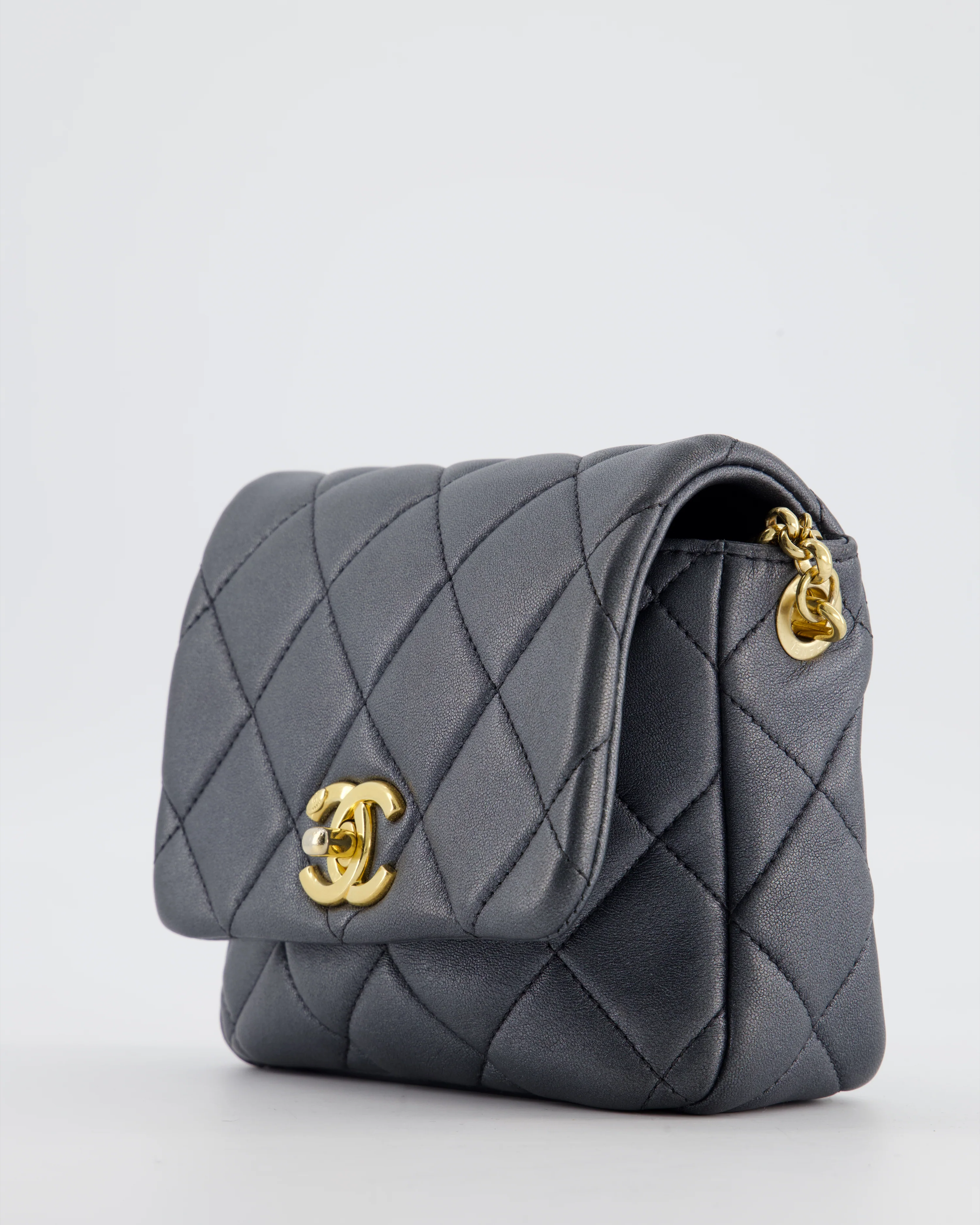 Chanel Dark Metallic Silver Small Flap Bag in Lambskin Leather with Gold Hardware and Chanel Charm Chain - Image 12