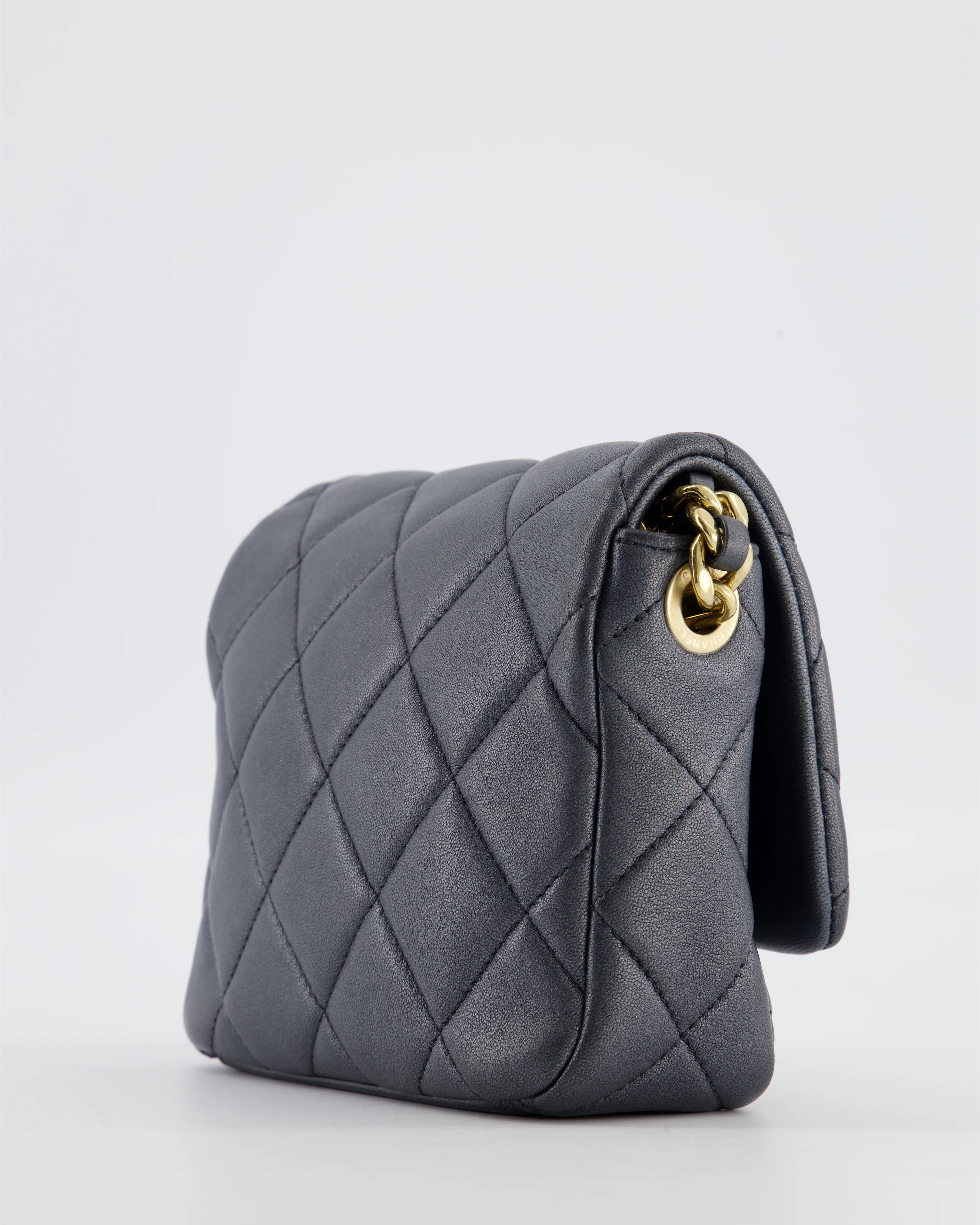 Chanel Dark Metallic Silver Small Flap Bag in Lambskin Leather with Gold Hardware and Chanel Charm Chain - Image 13