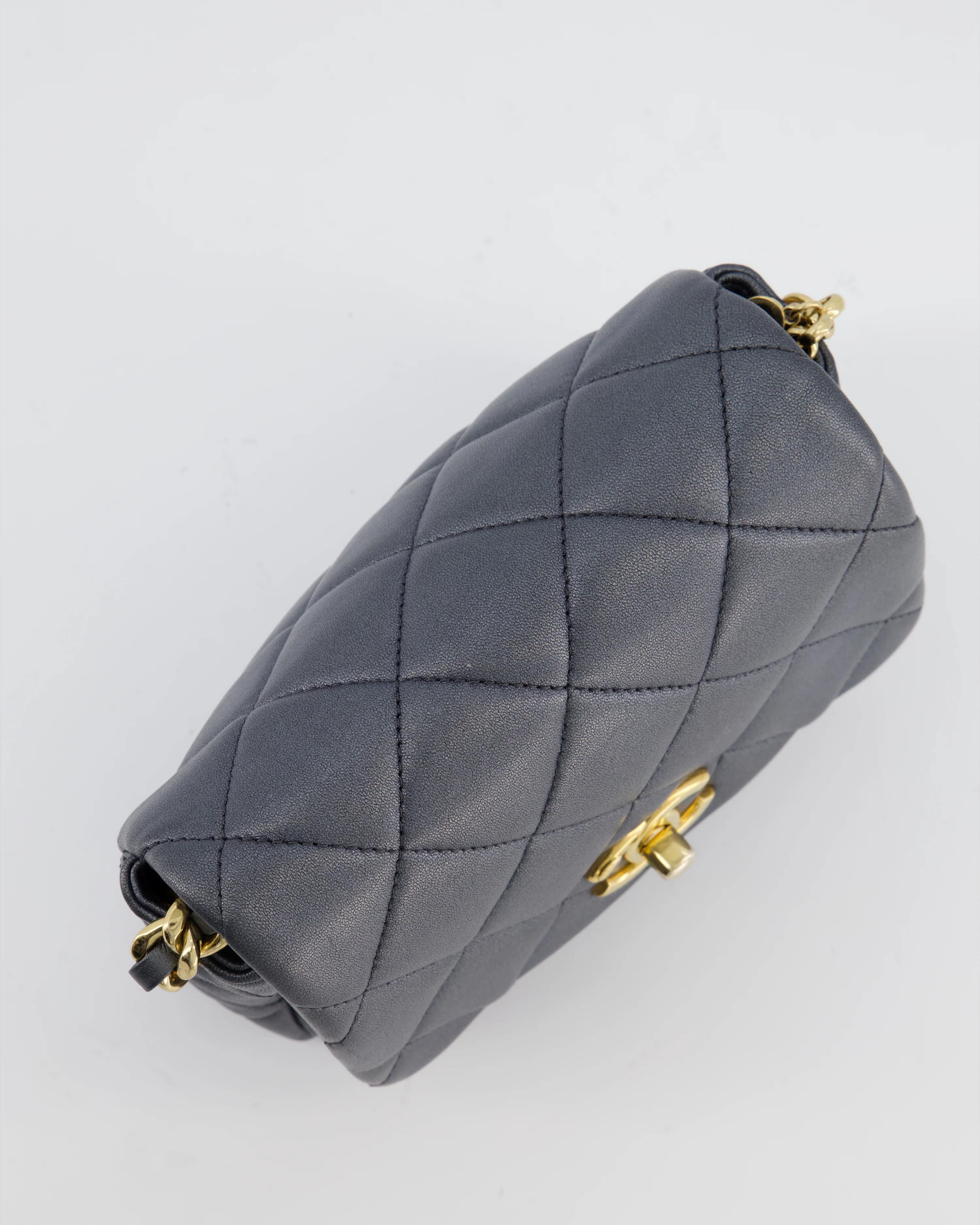 Chanel Dark Metallic Silver Small Flap Bag in Lambskin Leather with Gold Hardware and Chanel Charm Chain - Image 15