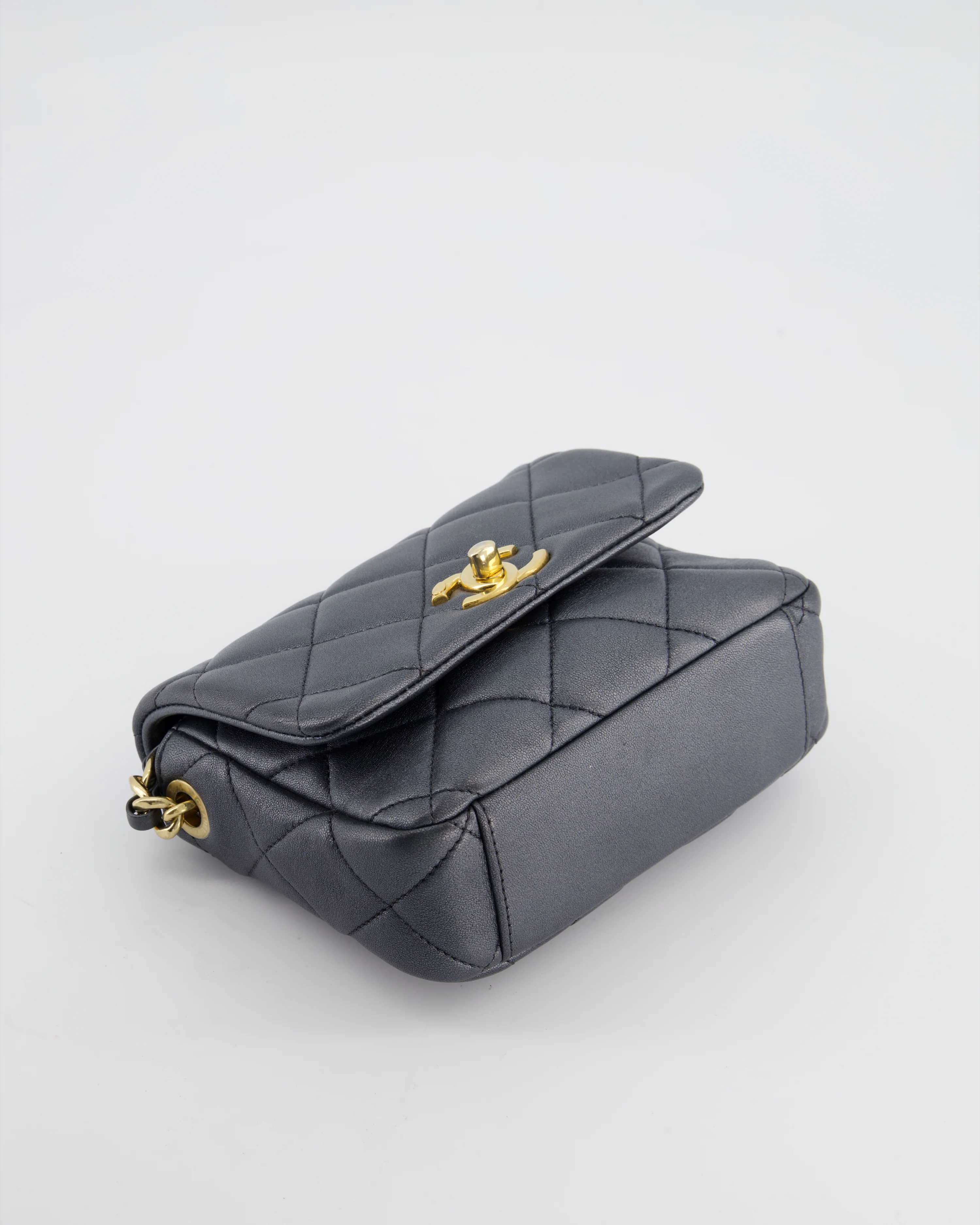 Chanel Dark Metallic Silver Small Flap Bag in Lambskin Leather with Gold Hardware and Chanel Charm Chain - Image 17