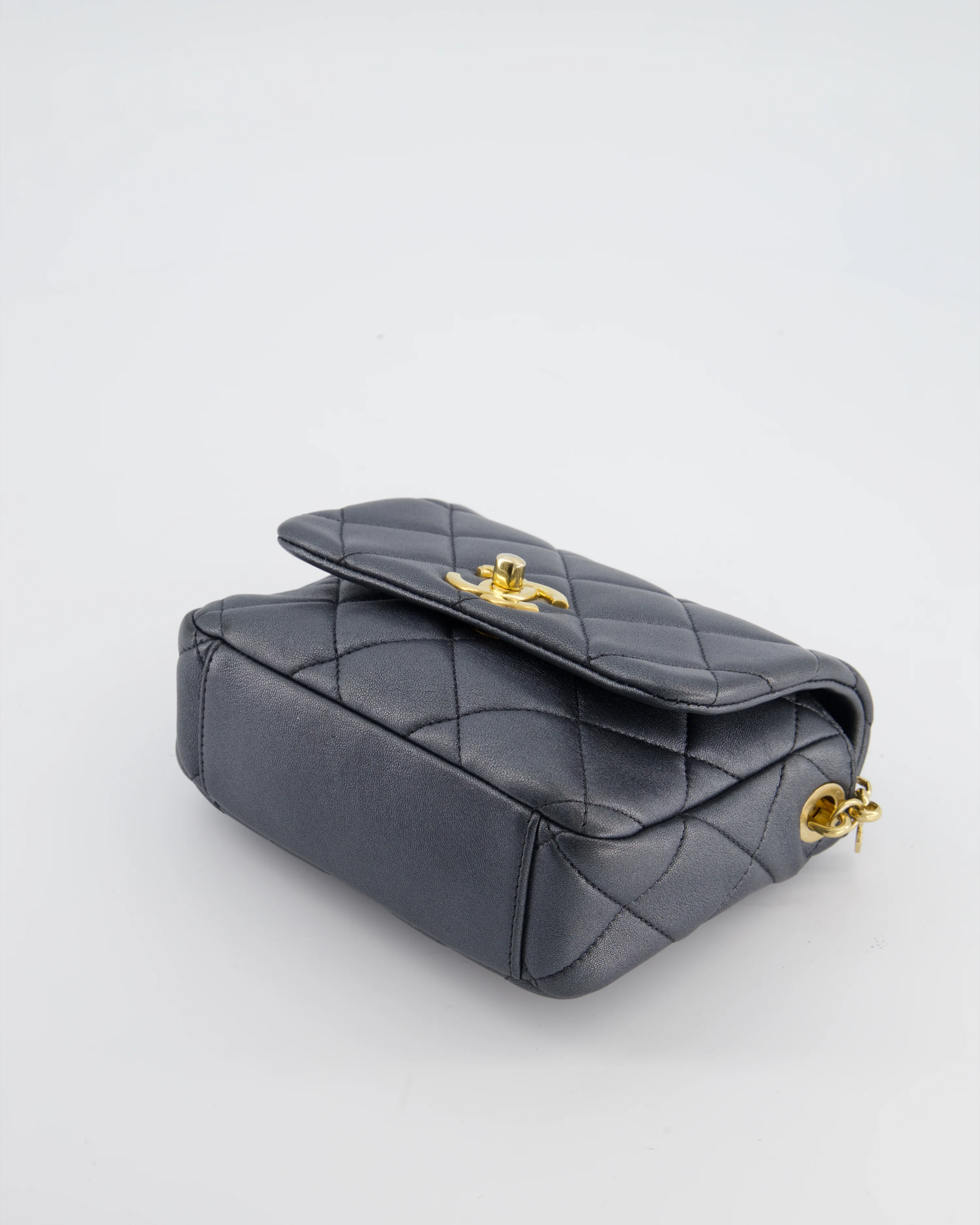 Chanel Dark Metallic Silver Small Flap Bag in Lambskin Leather with Gold Hardware and Chanel Charm Chain - Image 19