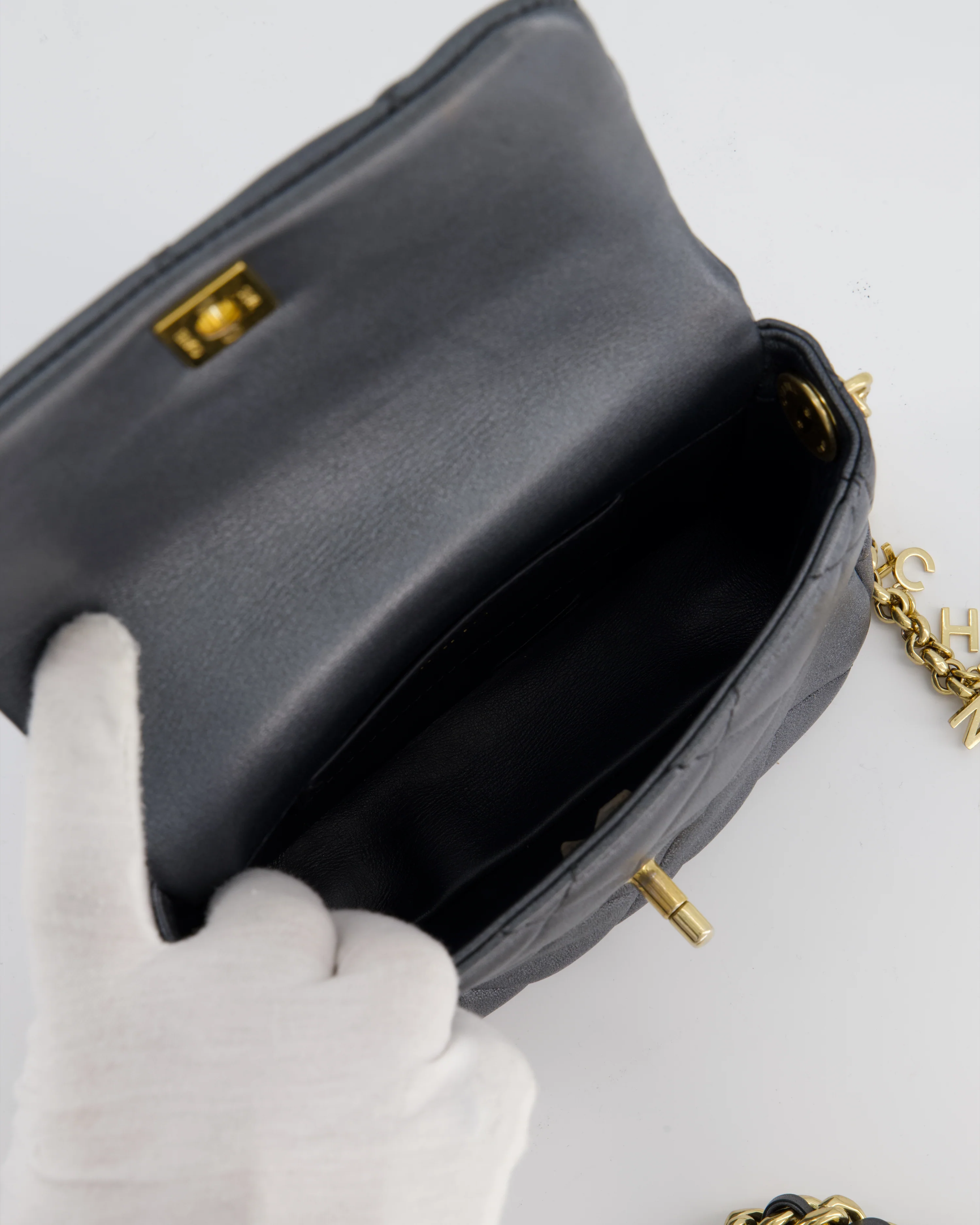 Chanel Dark Metallic Silver Small Flap Bag in Lambskin Leather with Gold Hardware and Chanel Charm Chain - Image 20