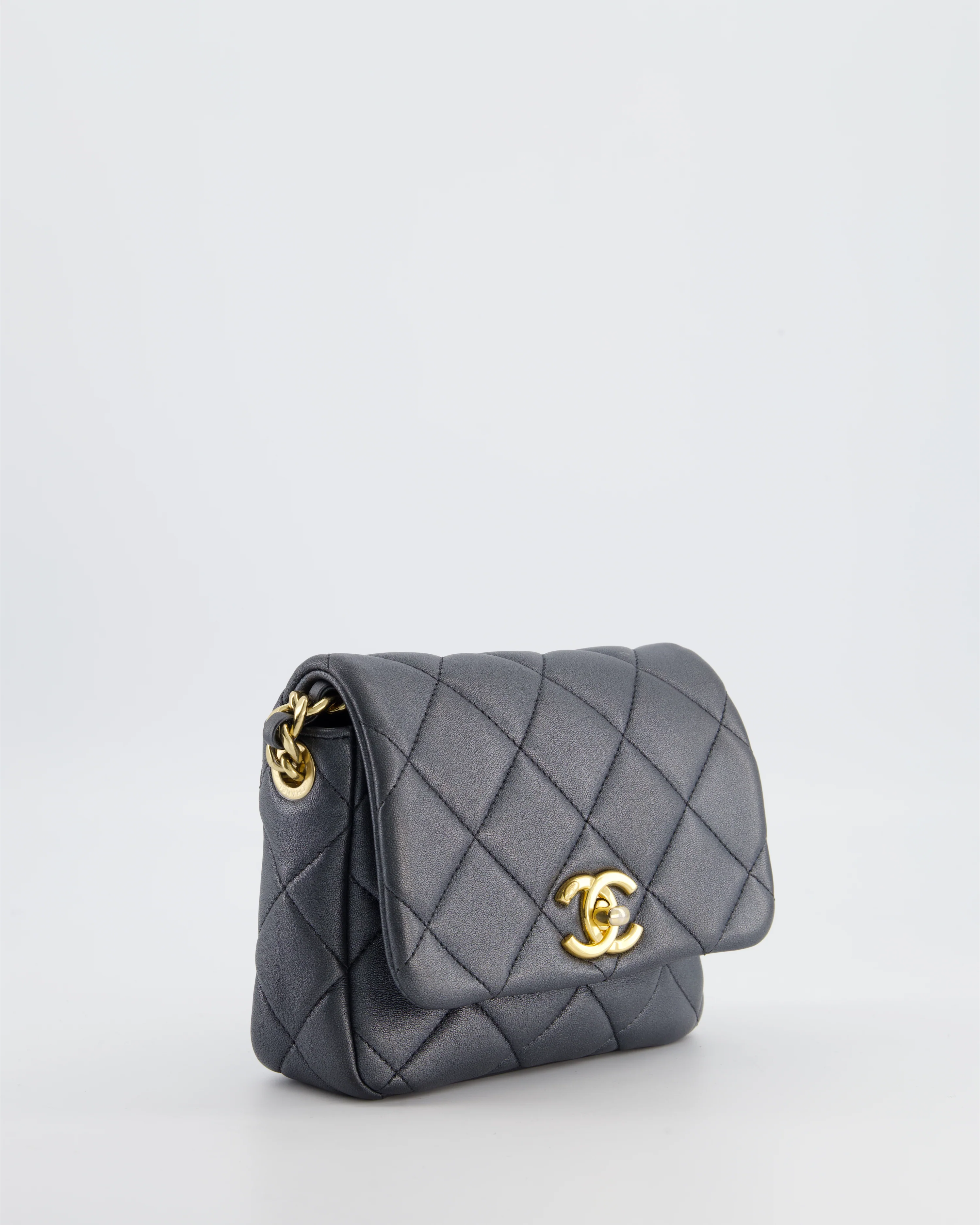 Chanel Dark Metallic Silver Small Flap Bag in Lambskin Leather with Gold Hardware and Chanel Charm Chain - Image 4