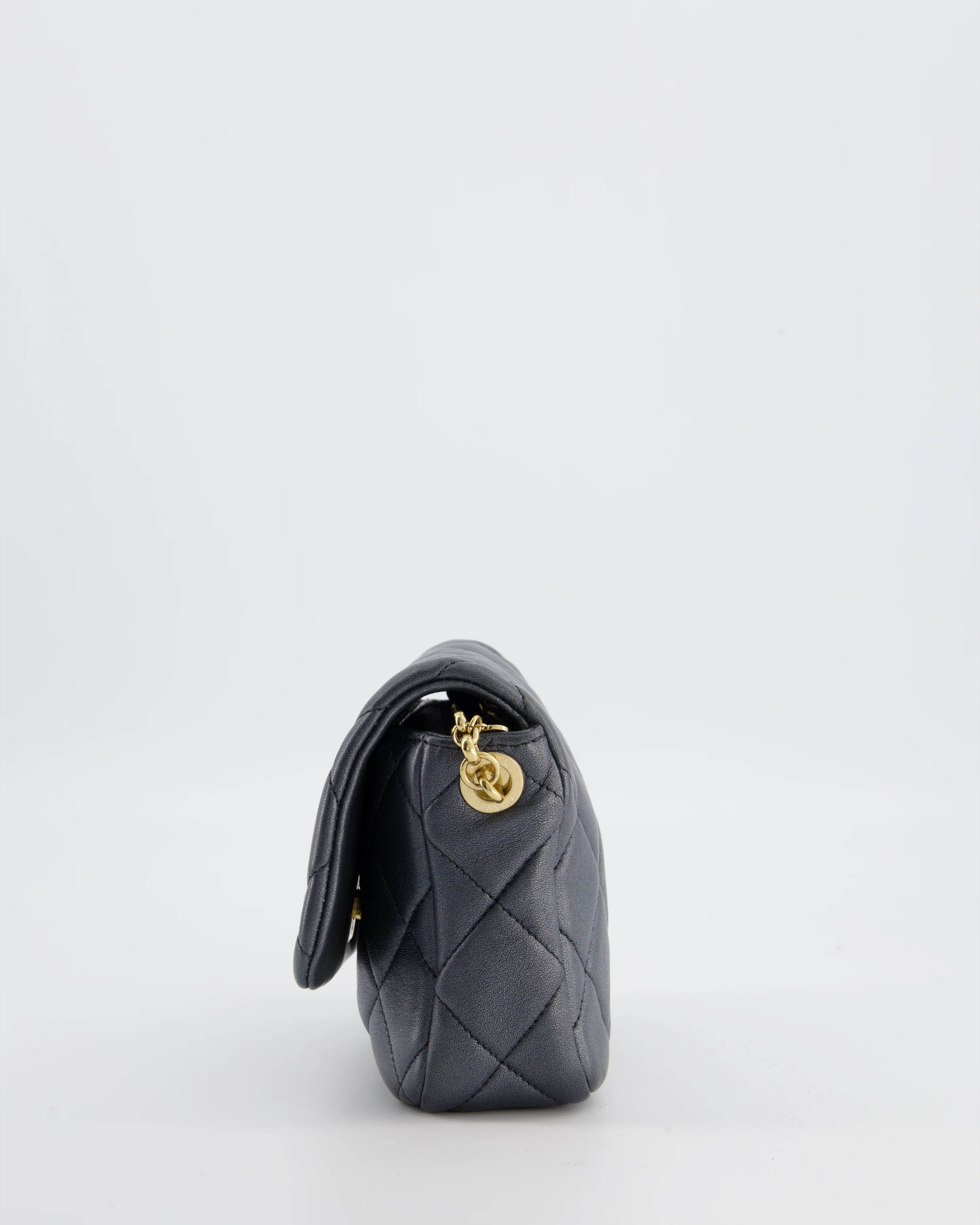 Chanel Dark Metallic Silver Small Flap Bag in Lambskin Leather with Gold Hardware and Chanel Charm Chain - Image 9