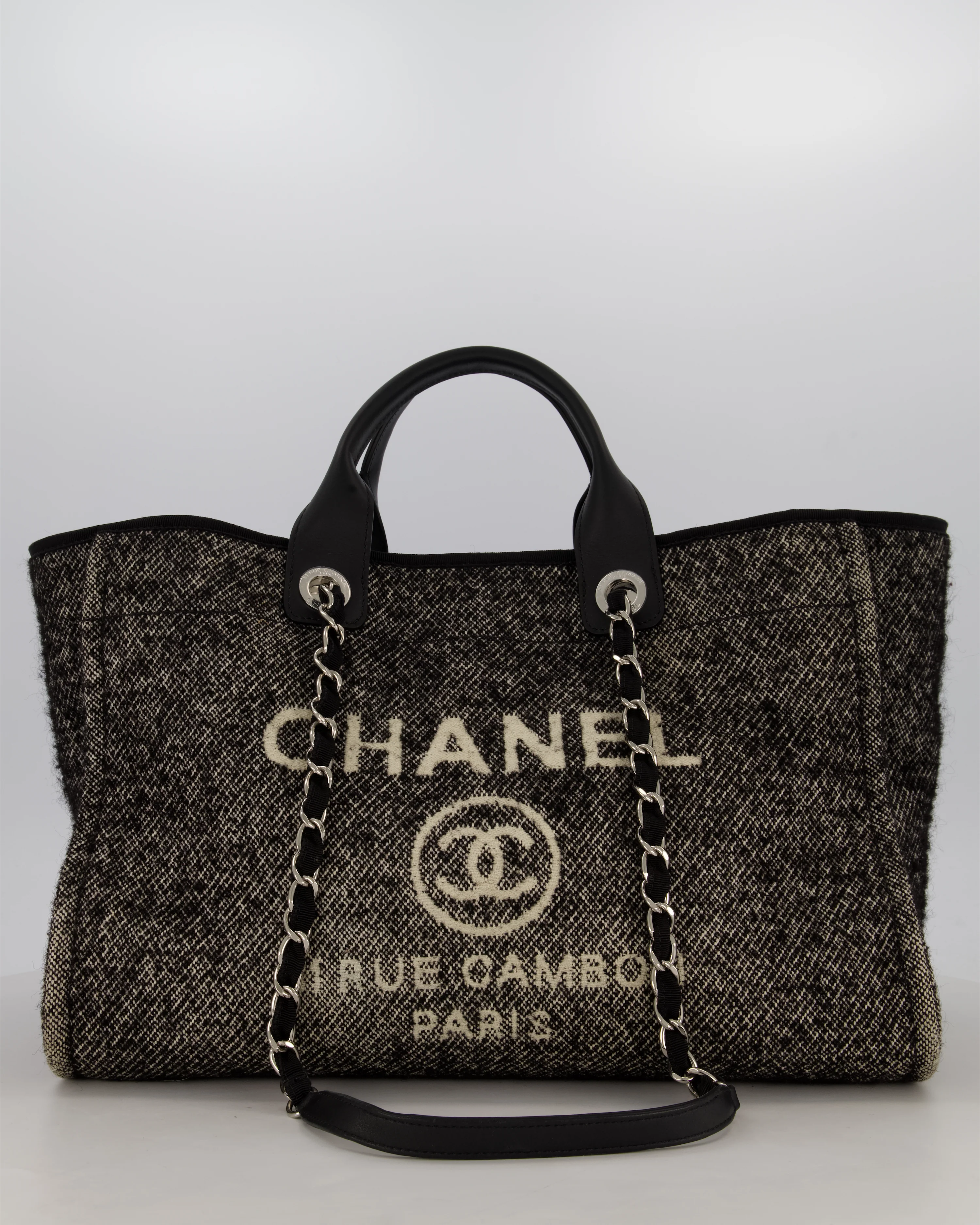 Chanel Large Deauville Tote Bag in Black & White Wool Canvas with Silver Hardware