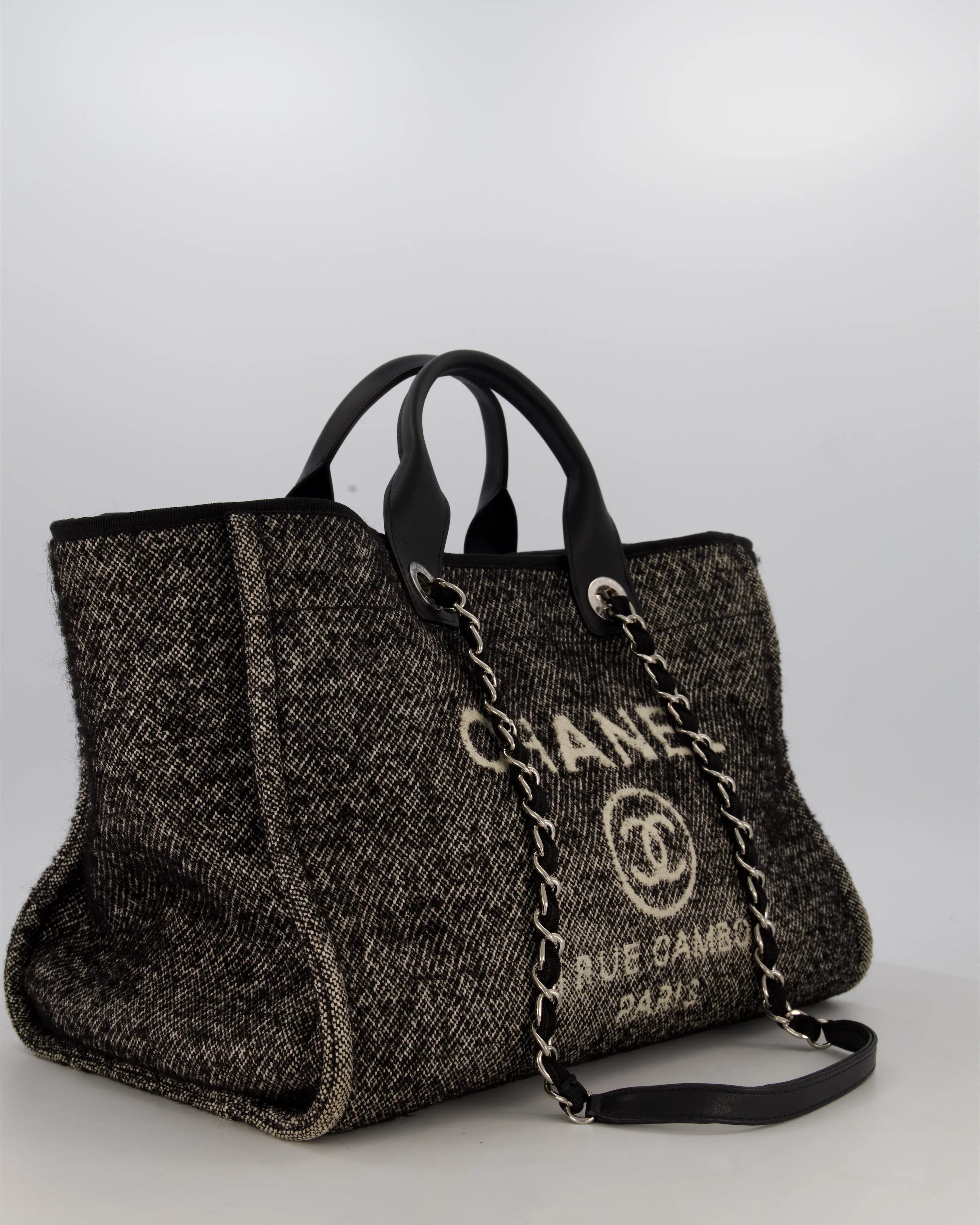 Chanel Large Deauville Tote Bag in Black & White Wool Canvas with Silver Hardware - Image 2