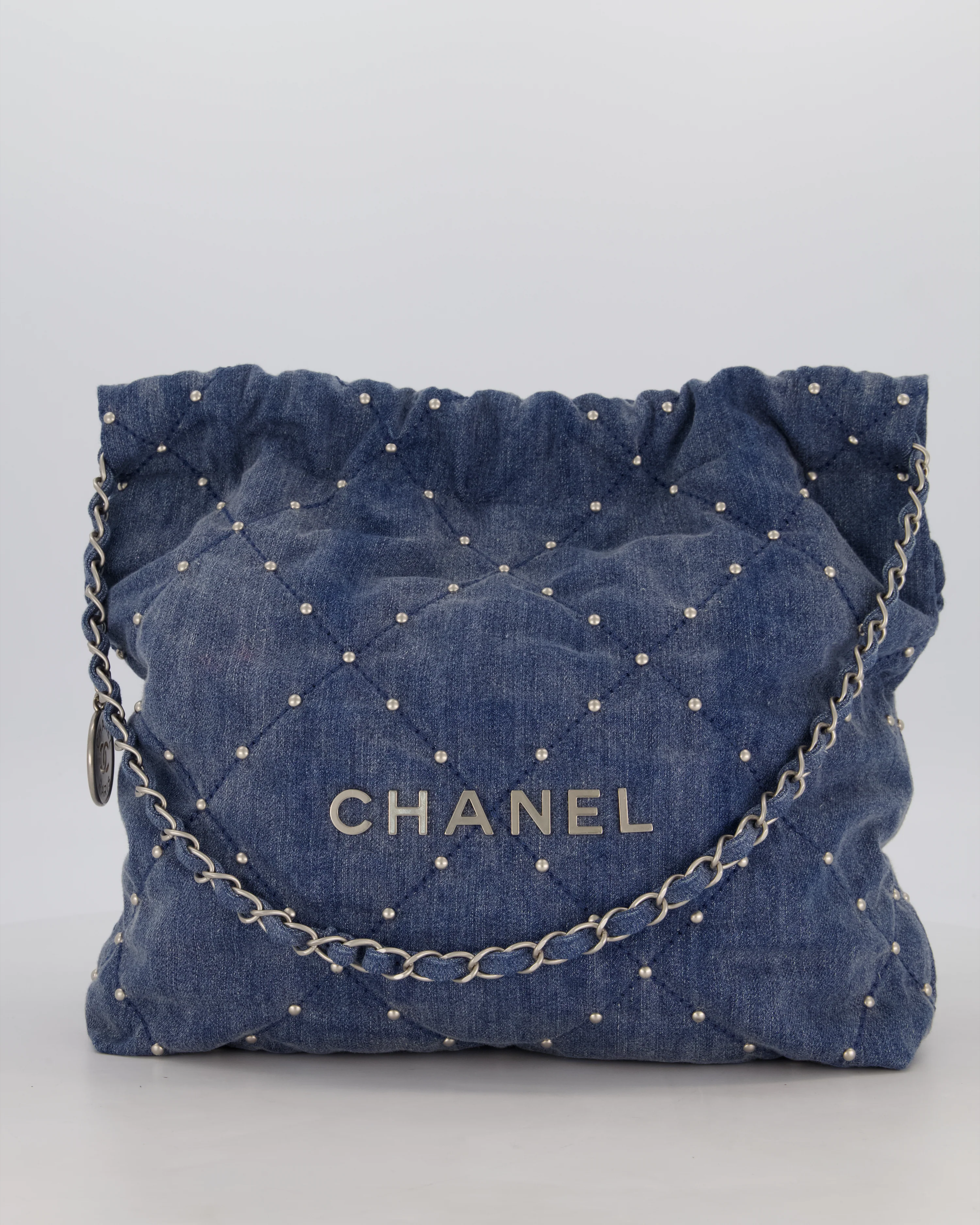 Chanel Small 22 Bag in Quilted Denim Fabric with Silver Studs and Brushed Silver Hardware
