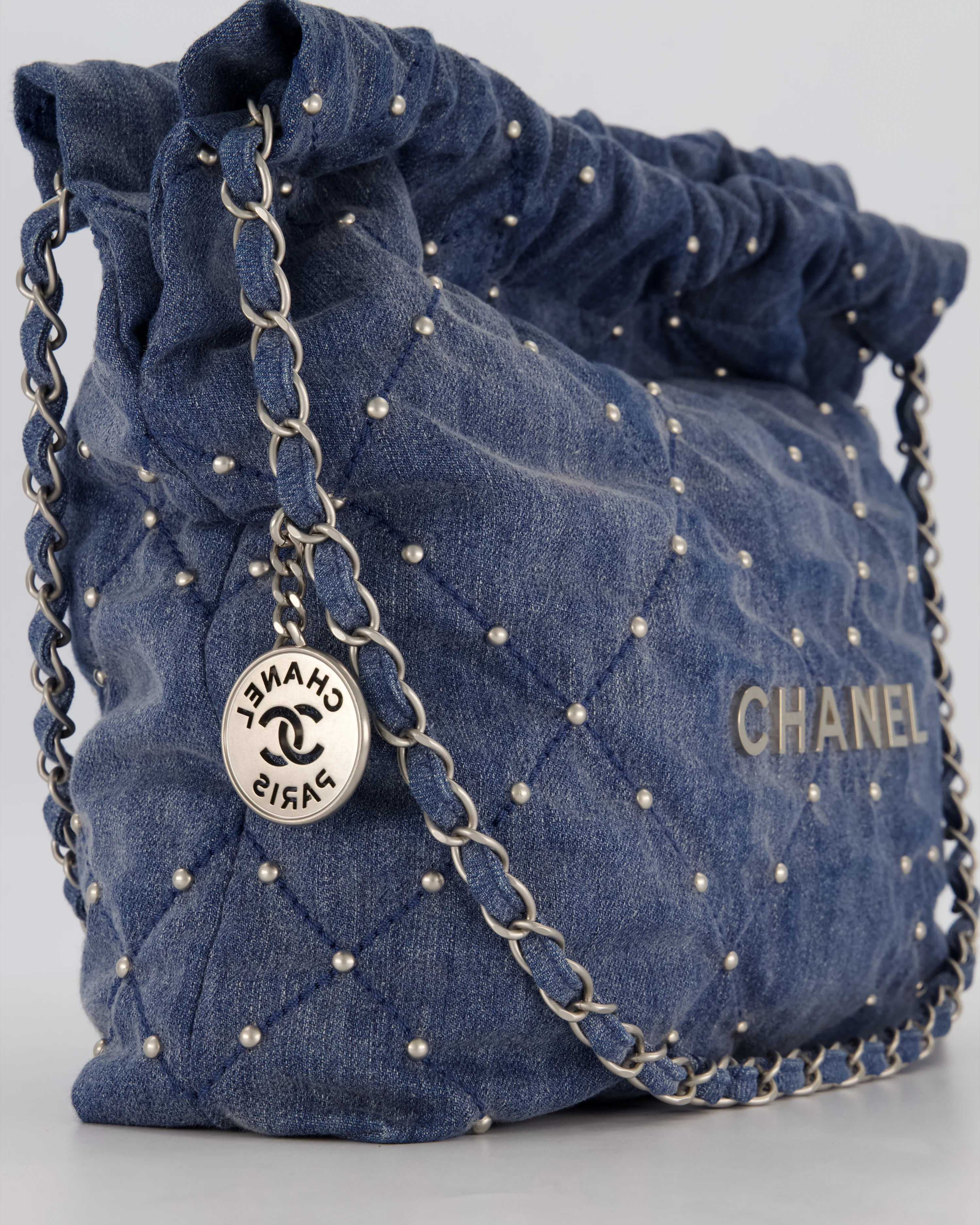 Chanel Small 22 Bag in Quilted Denim Fabric with Silver Studs and Brushed Silver Hardware - Image 10