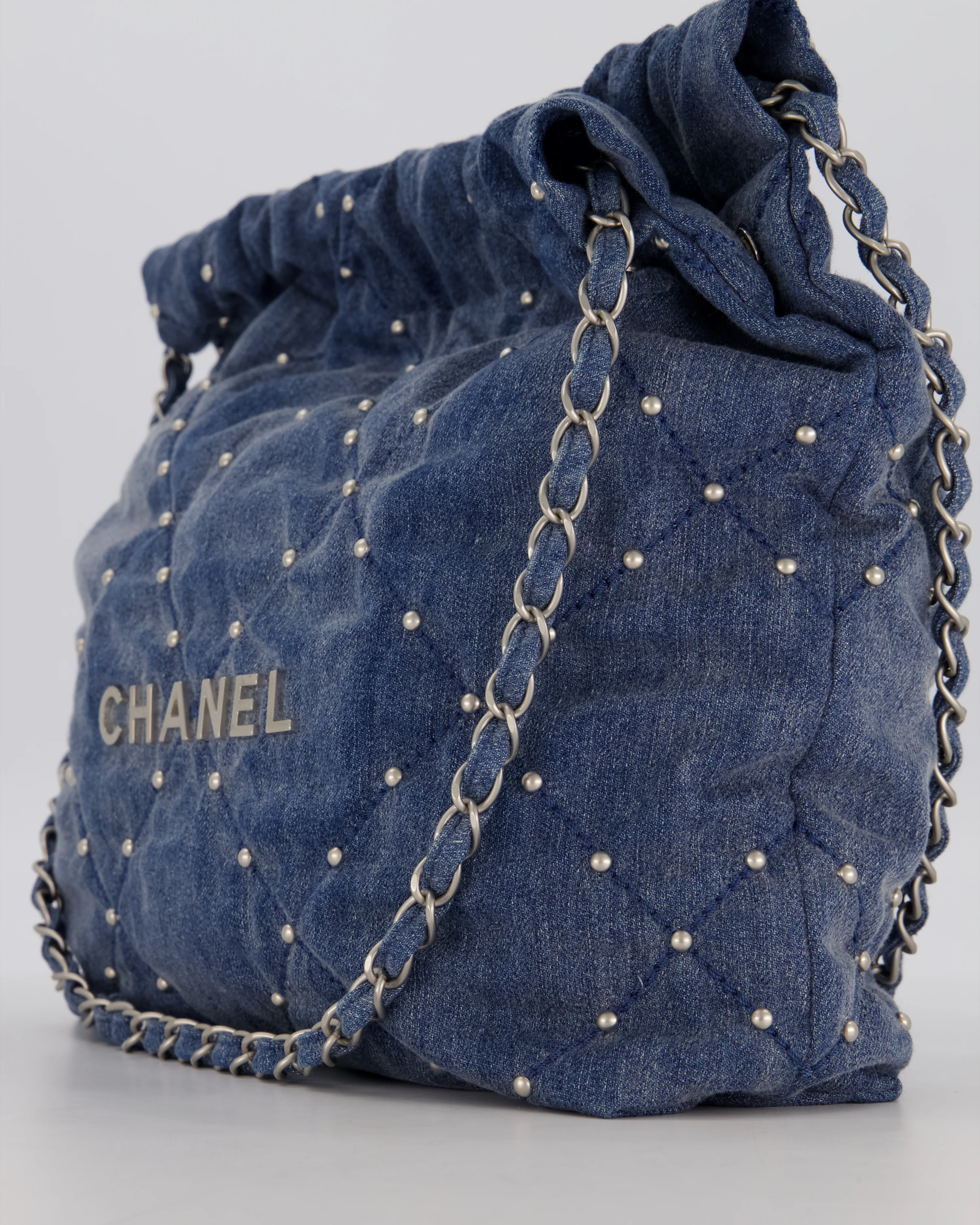 Chanel Small 22 Bag in Quilted Denim Fabric with Silver Studs and Brushed Silver Hardware - Image 11