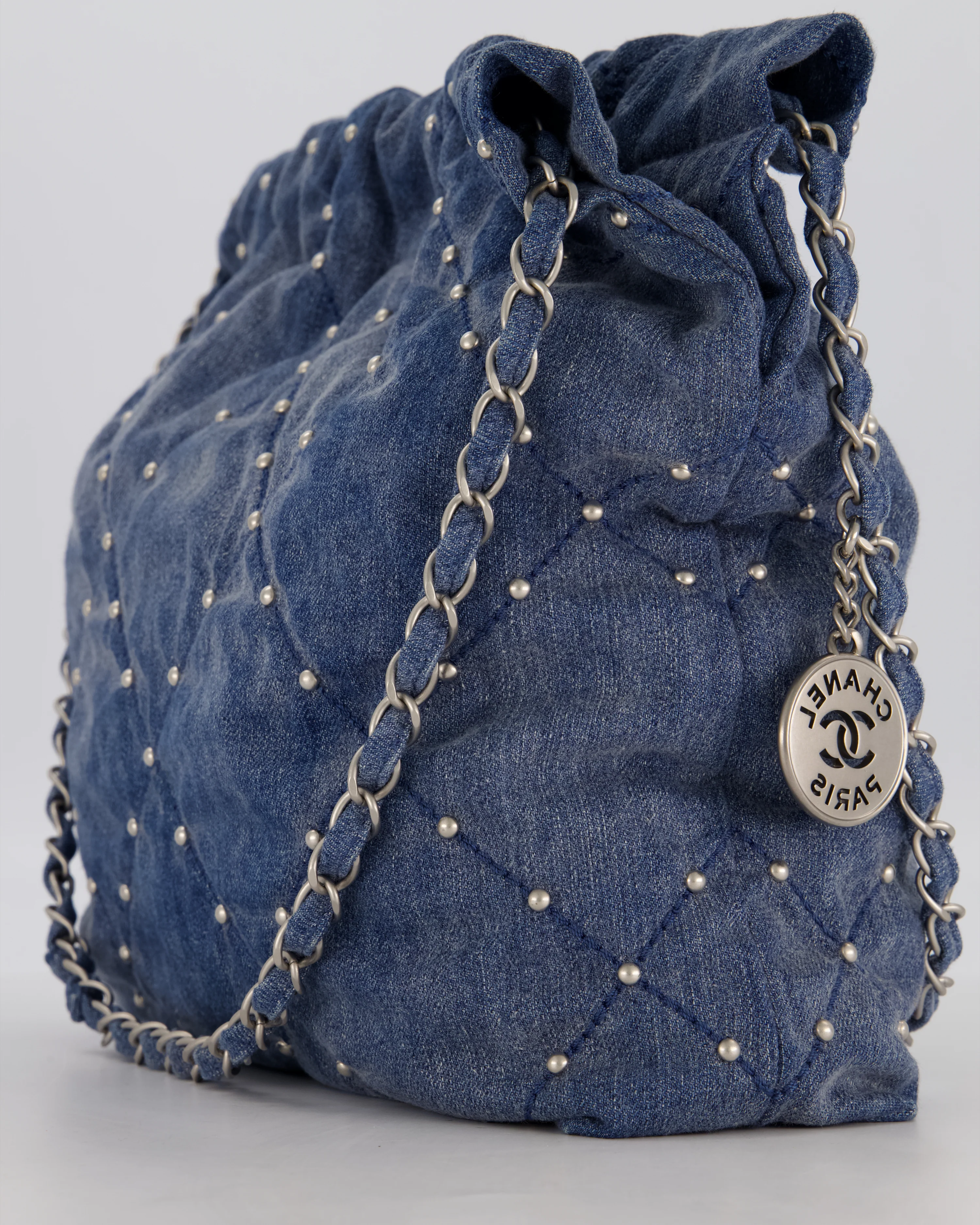 Chanel Small 22 Bag in Quilted Denim Fabric with Silver Studs and Brushed Silver Hardware - Image 12