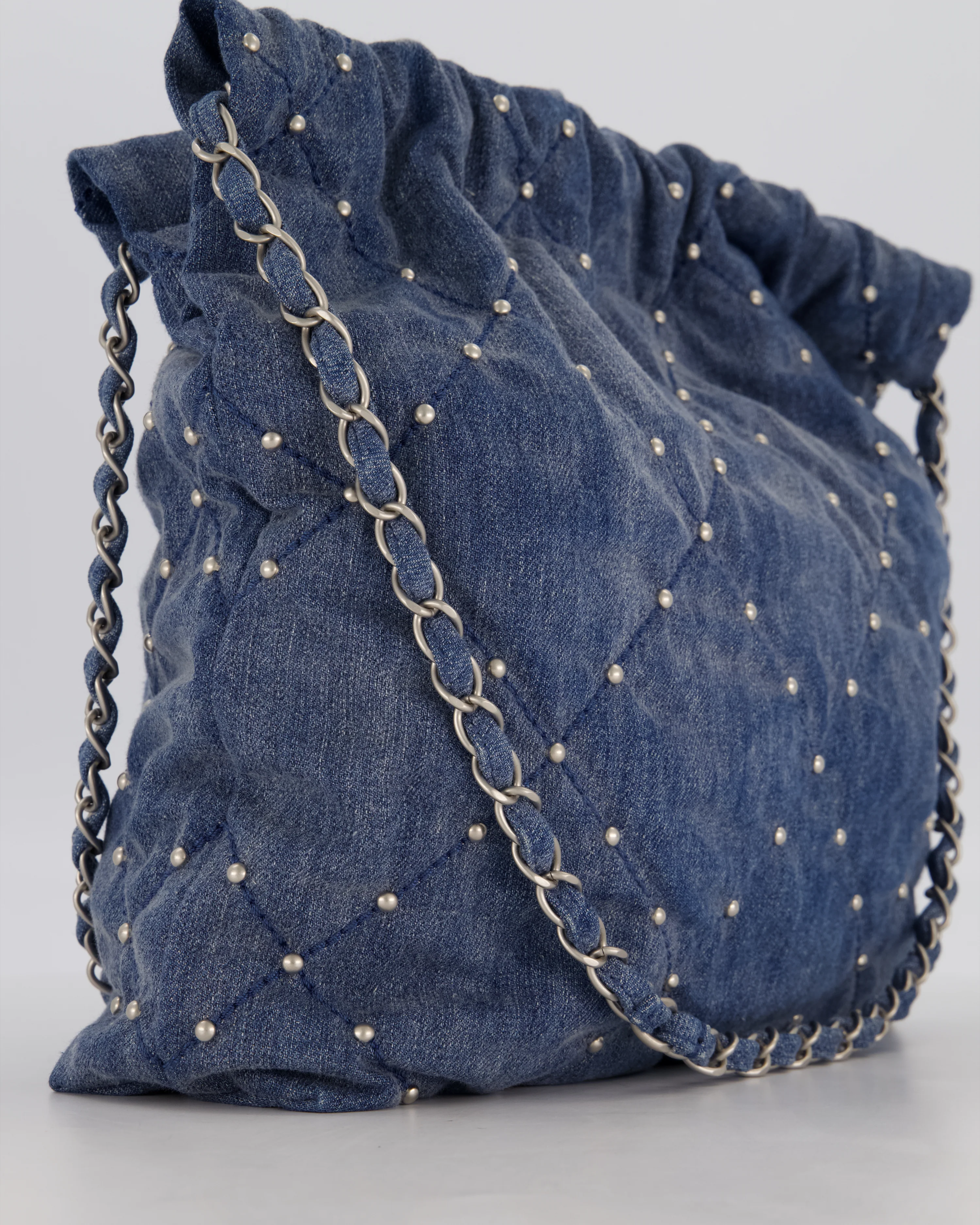 Chanel Small 22 Bag in Quilted Denim Fabric with Silver Studs and Brushed Silver Hardware - Image 13