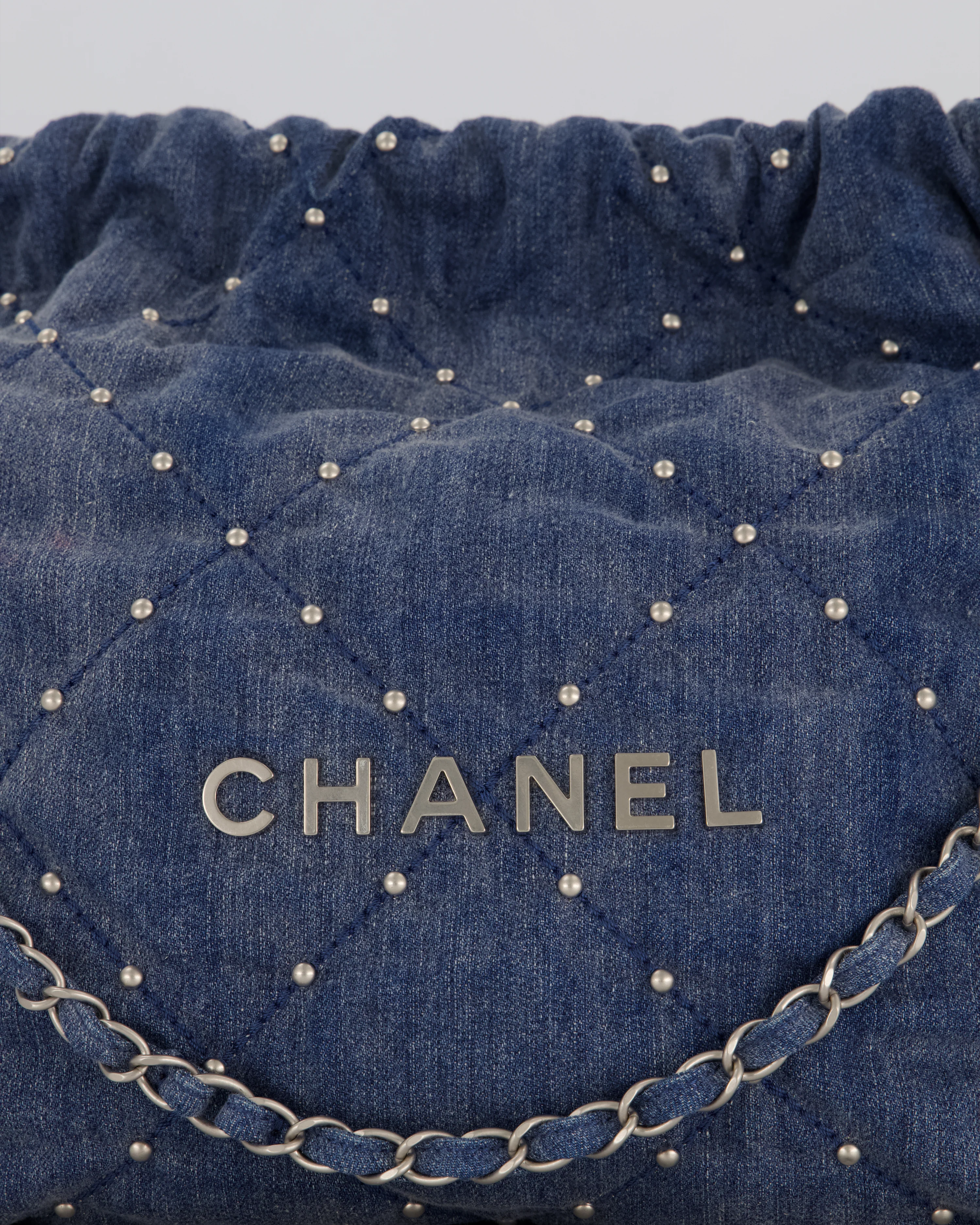 Chanel Small 22 Bag in Quilted Denim Fabric with Silver Studs and Brushed Silver Hardware - Image 14