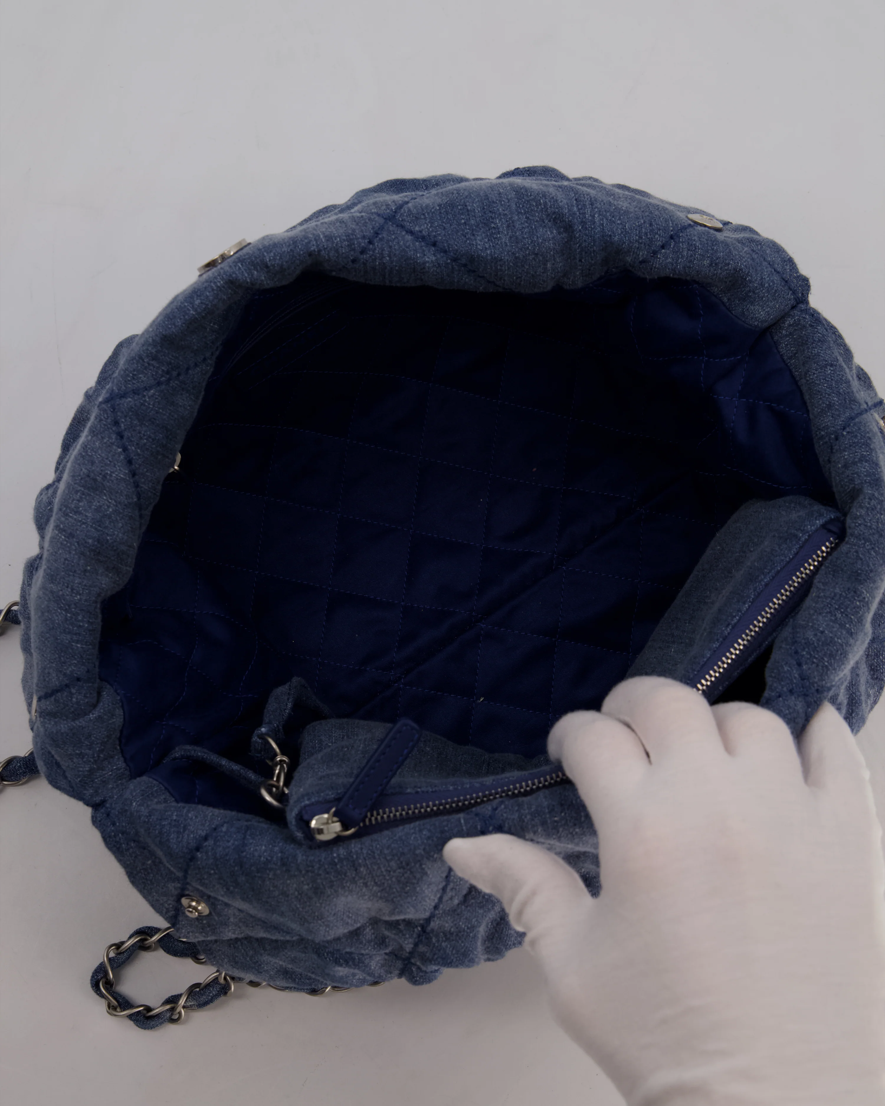 Chanel Small 22 Bag in Quilted Denim Fabric with Silver Studs and Brushed Silver Hardware - Image 15