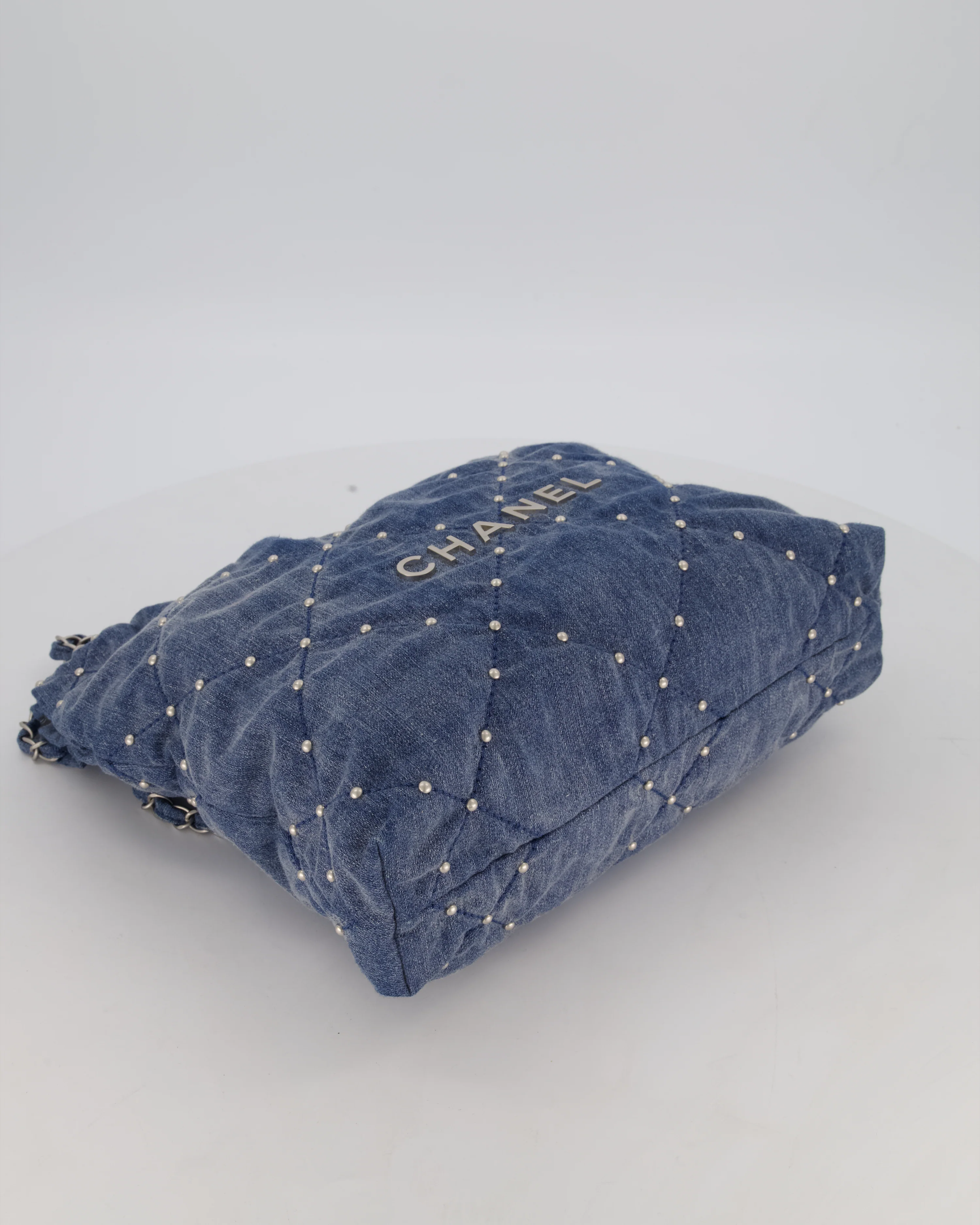 Chanel Small 22 Bag in Quilted Denim Fabric with Silver Studs and Brushed Silver Hardware - Image 16