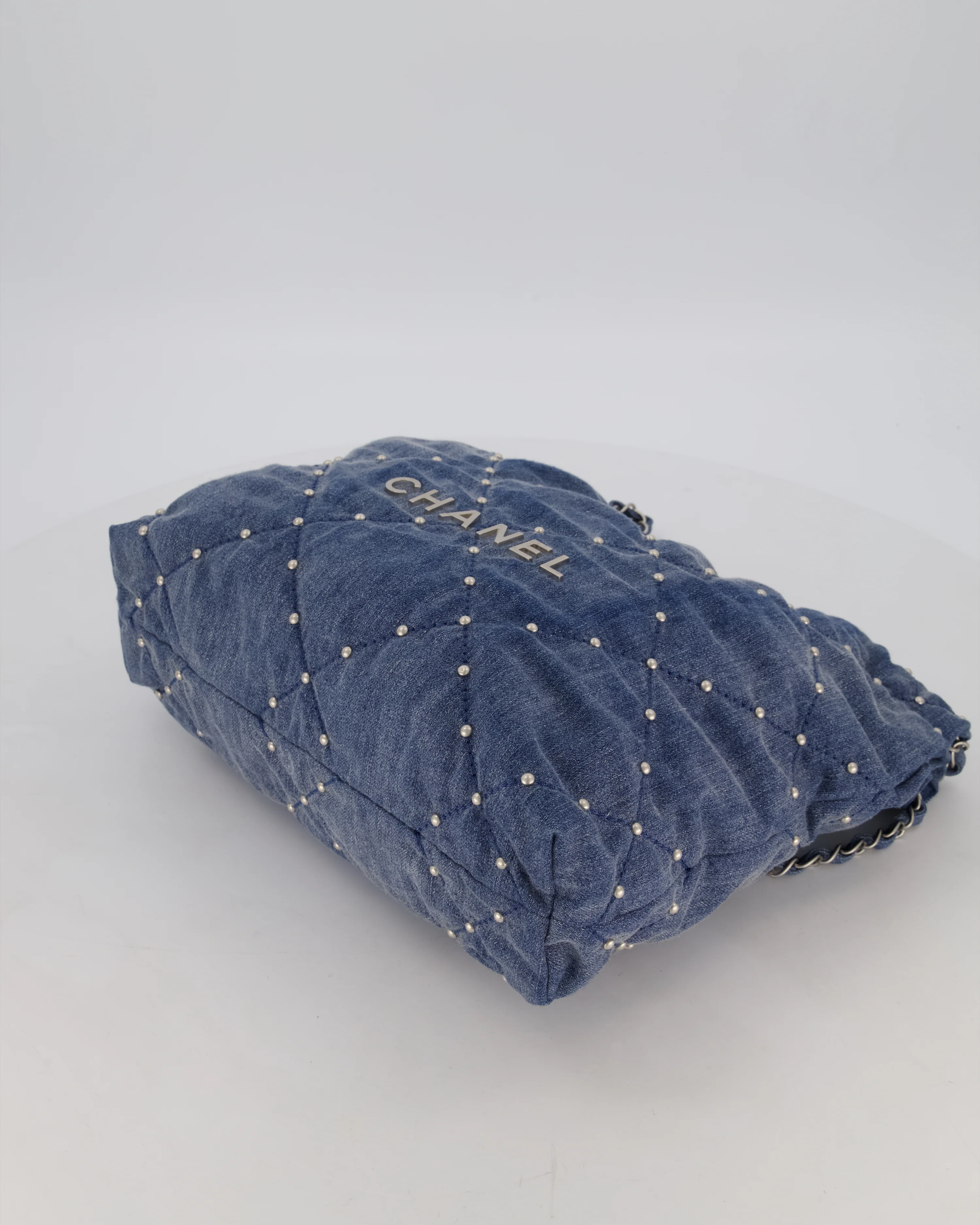 Chanel Small 22 Bag in Quilted Denim Fabric with Silver Studs and Brushed Silver Hardware - Image 17