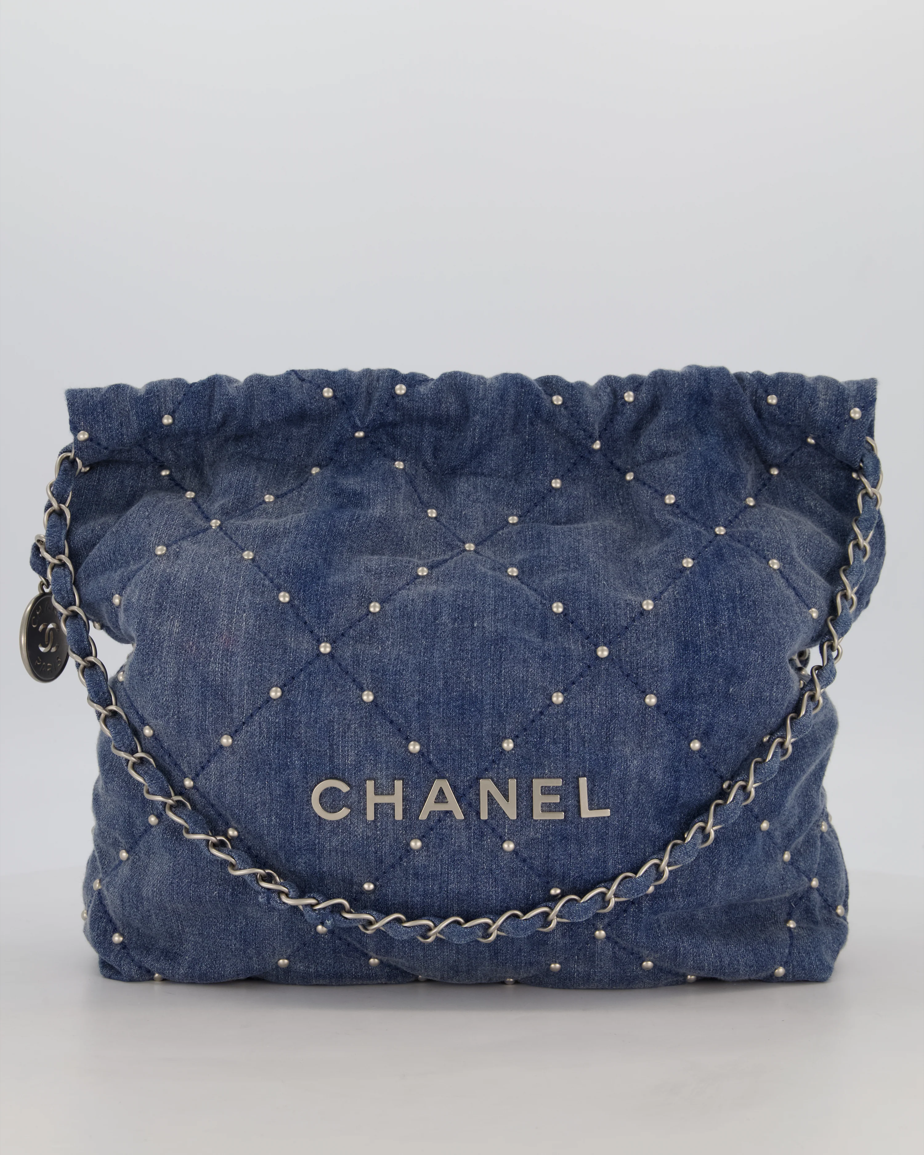 Chanel Small 22 Bag in Quilted Denim Fabric with Silver Studs and Brushed Silver Hardware - Image 19