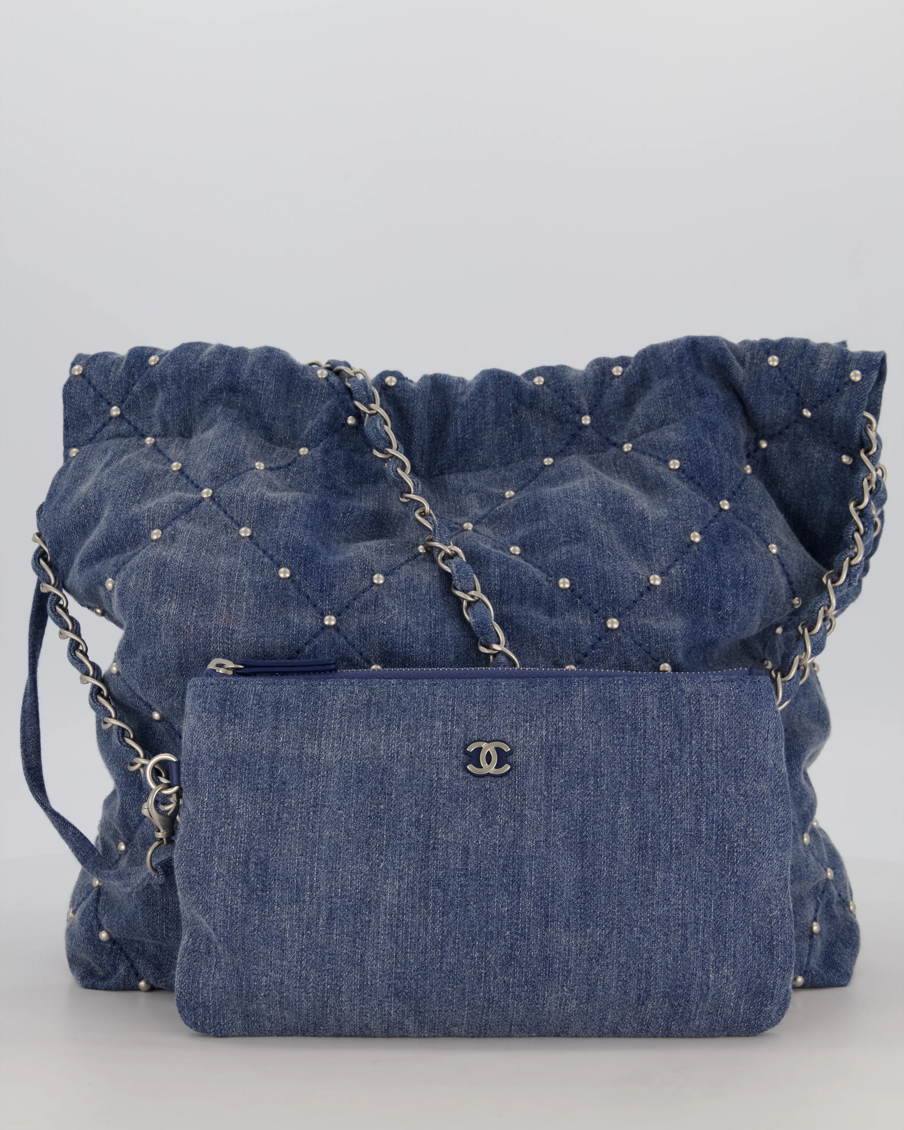 Chanel Small 22 Bag in Quilted Denim Fabric with Silver Studs and Brushed Silver Hardware - Image 2