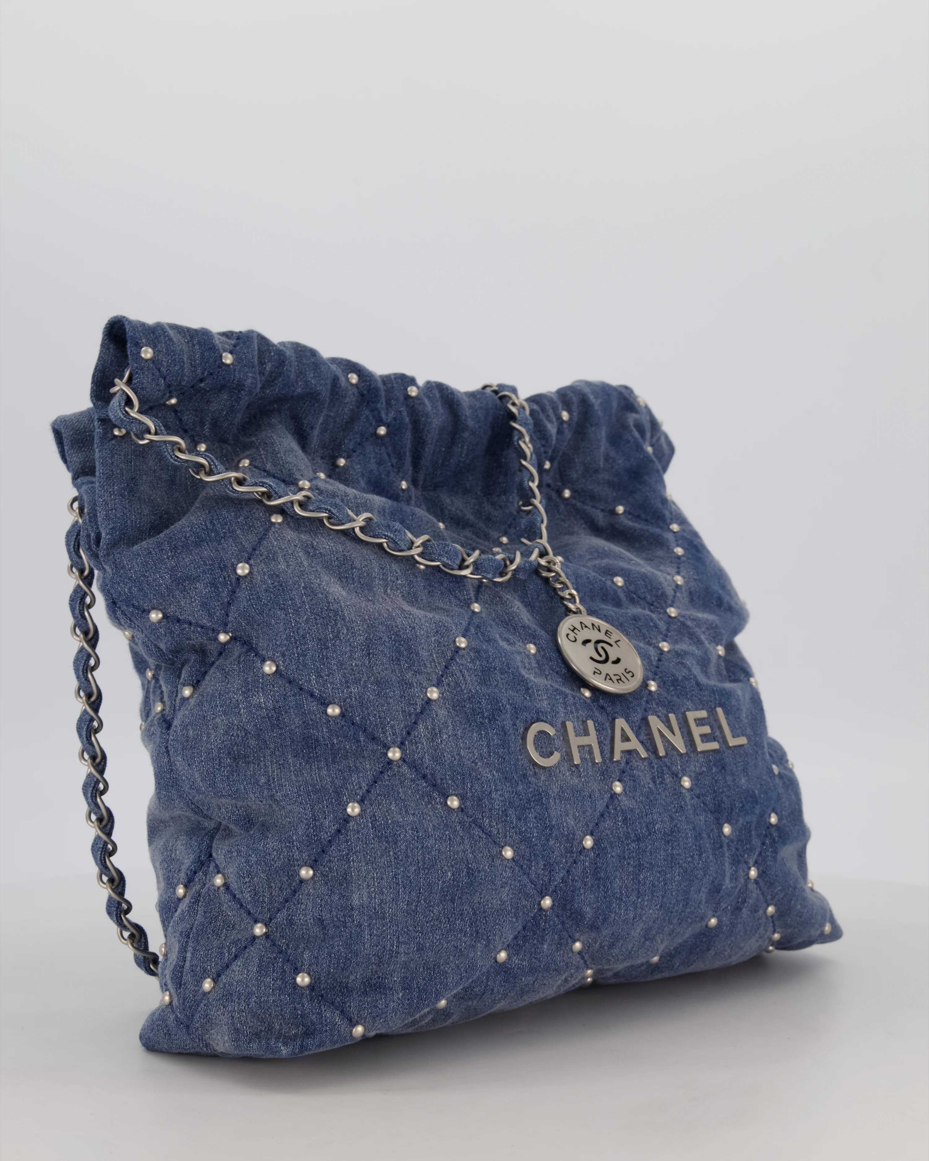 Chanel Small 22 Bag in Quilted Denim Fabric with Silver Studs and Brushed Silver Hardware - Image 3