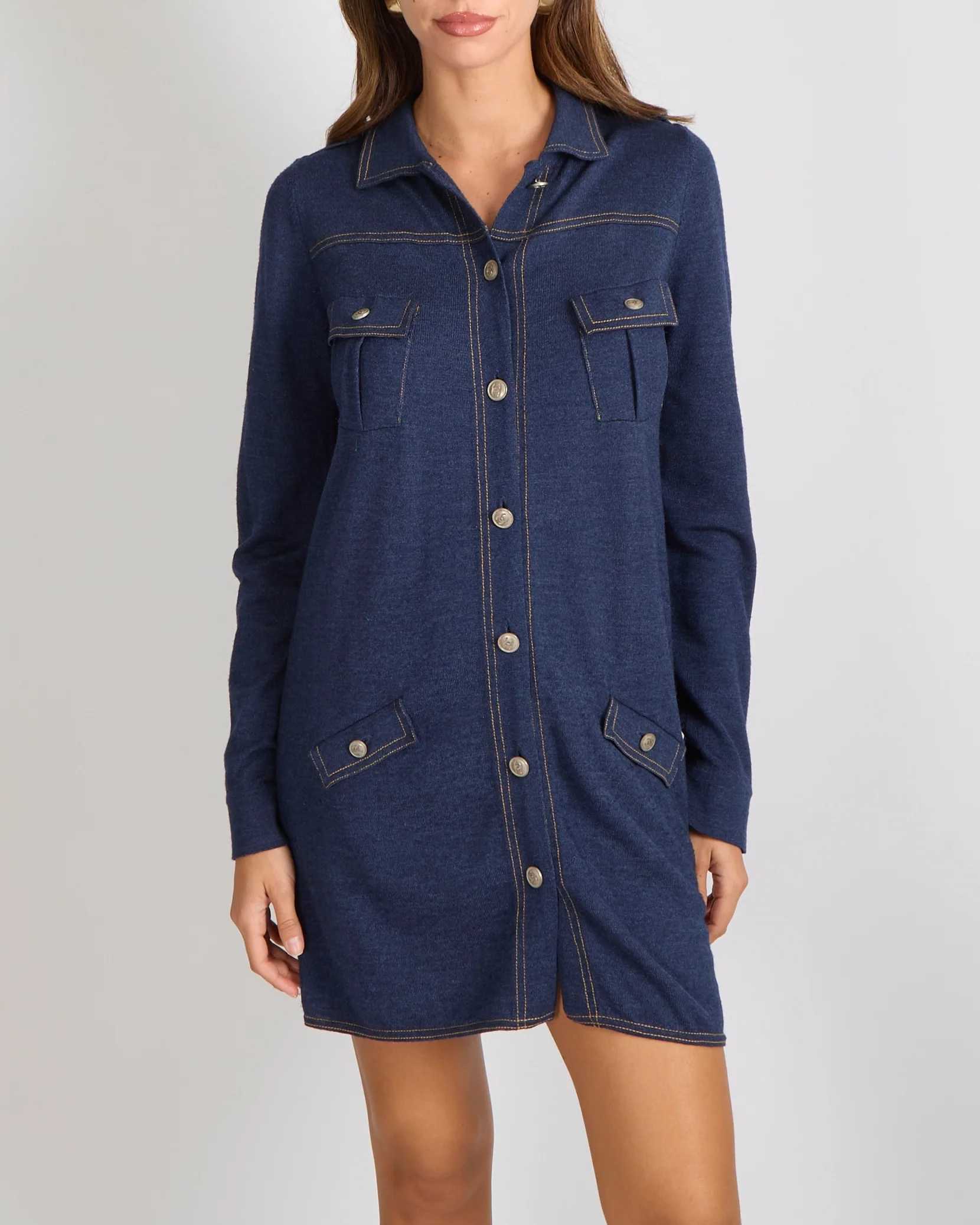 Chanel Denim Blue Wool Mini Long-Sleeve Dress with Silver CC Logo Buttons Size FR 42 (UK 14) - Image 2