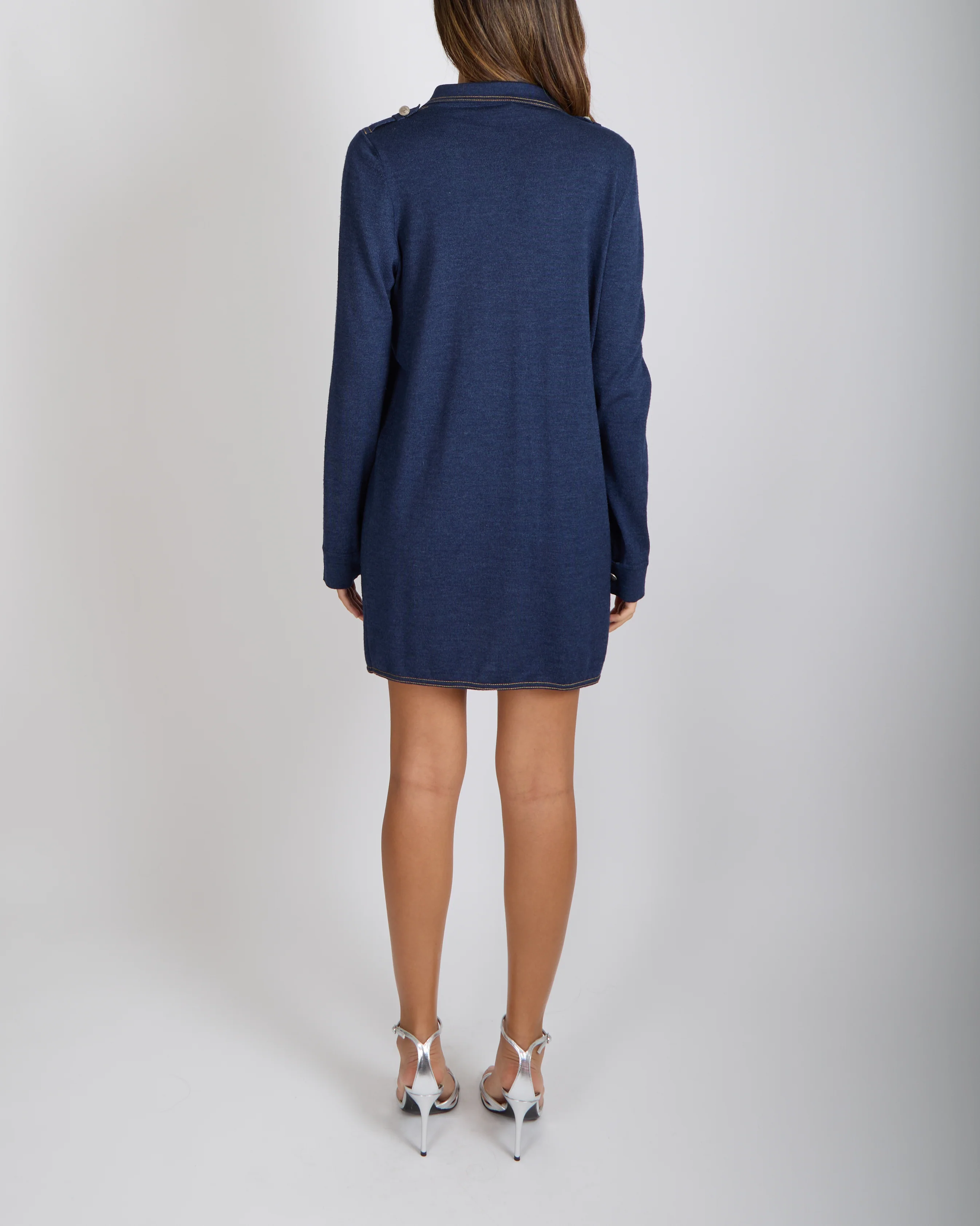 Chanel Denim Blue Wool Mini Long-Sleeve Dress with Silver CC Logo Buttons Size FR 42 (UK 14) - Image 3