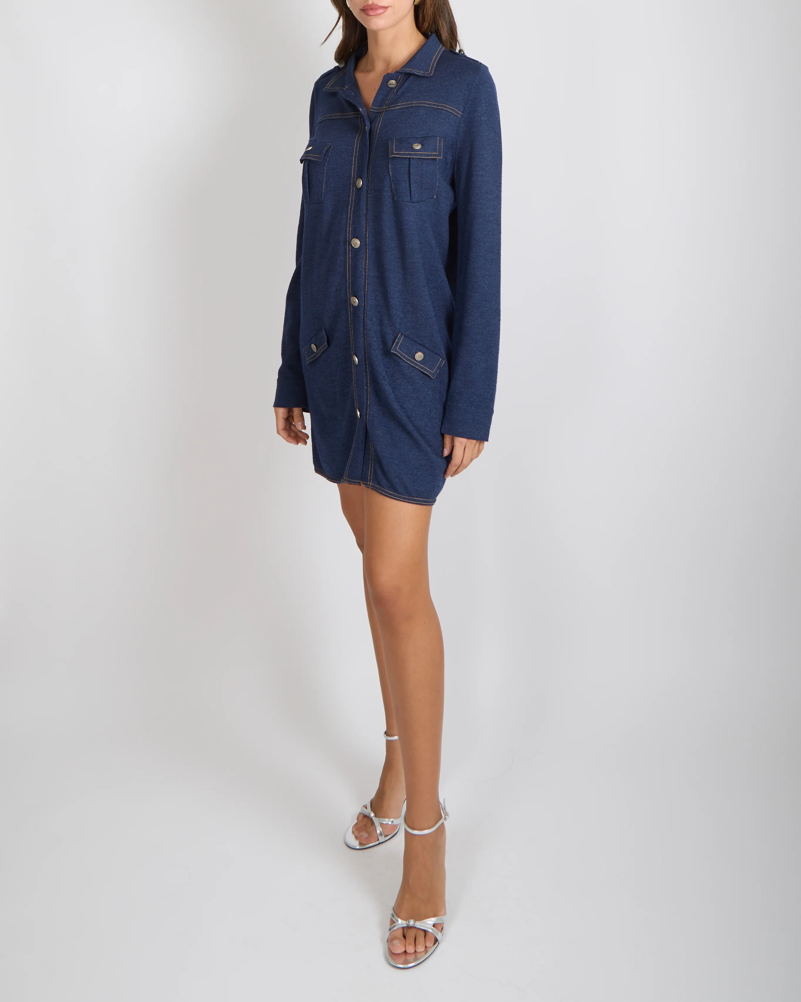 Chanel Denim Blue Wool Mini Long-Sleeve Dress with Silver CC Logo Buttons Size FR 42 (UK 14) - Image 4