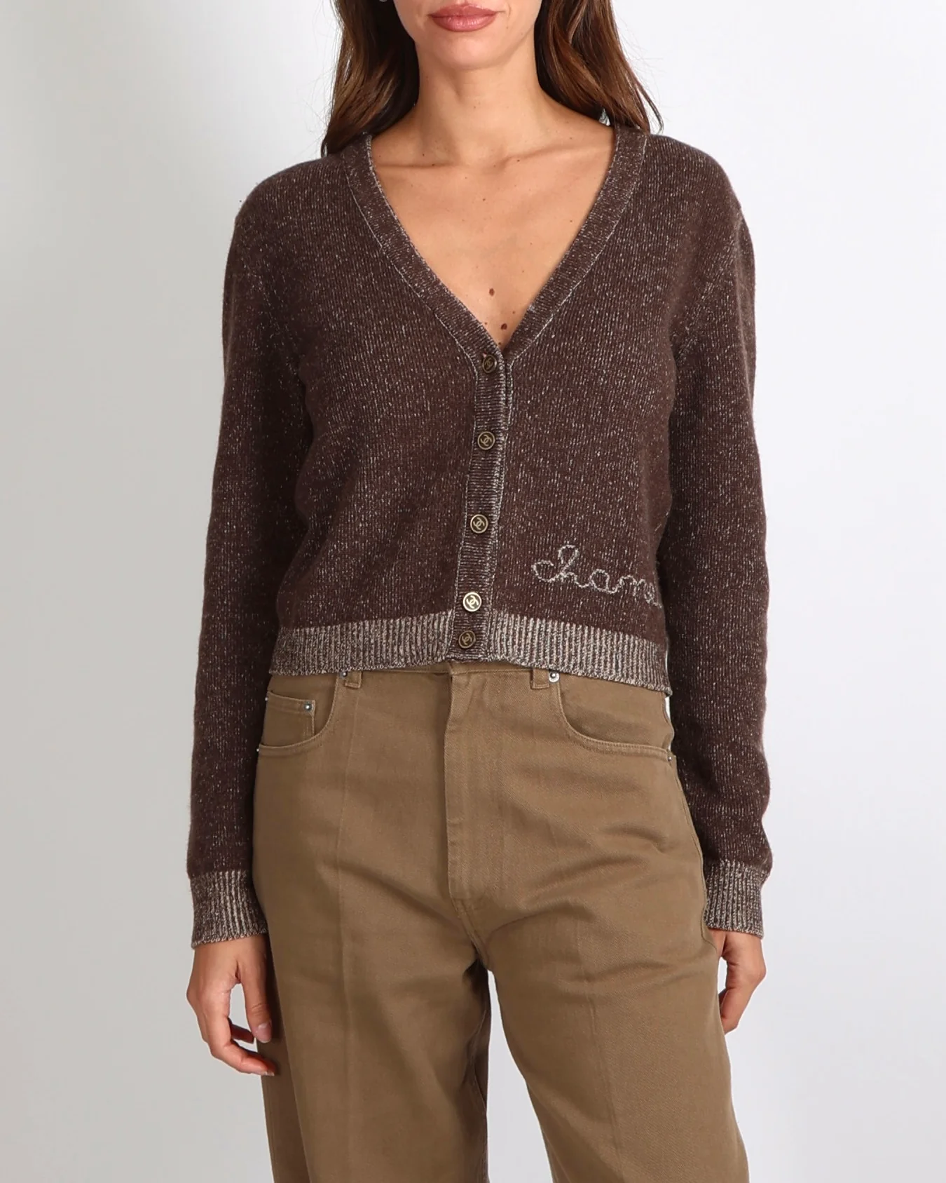 Chanel Fall 2001 Vintage Brown Cashmere Cardigan with Logo and Gold CC Logo Buttons Size FR 38 (UK 10)