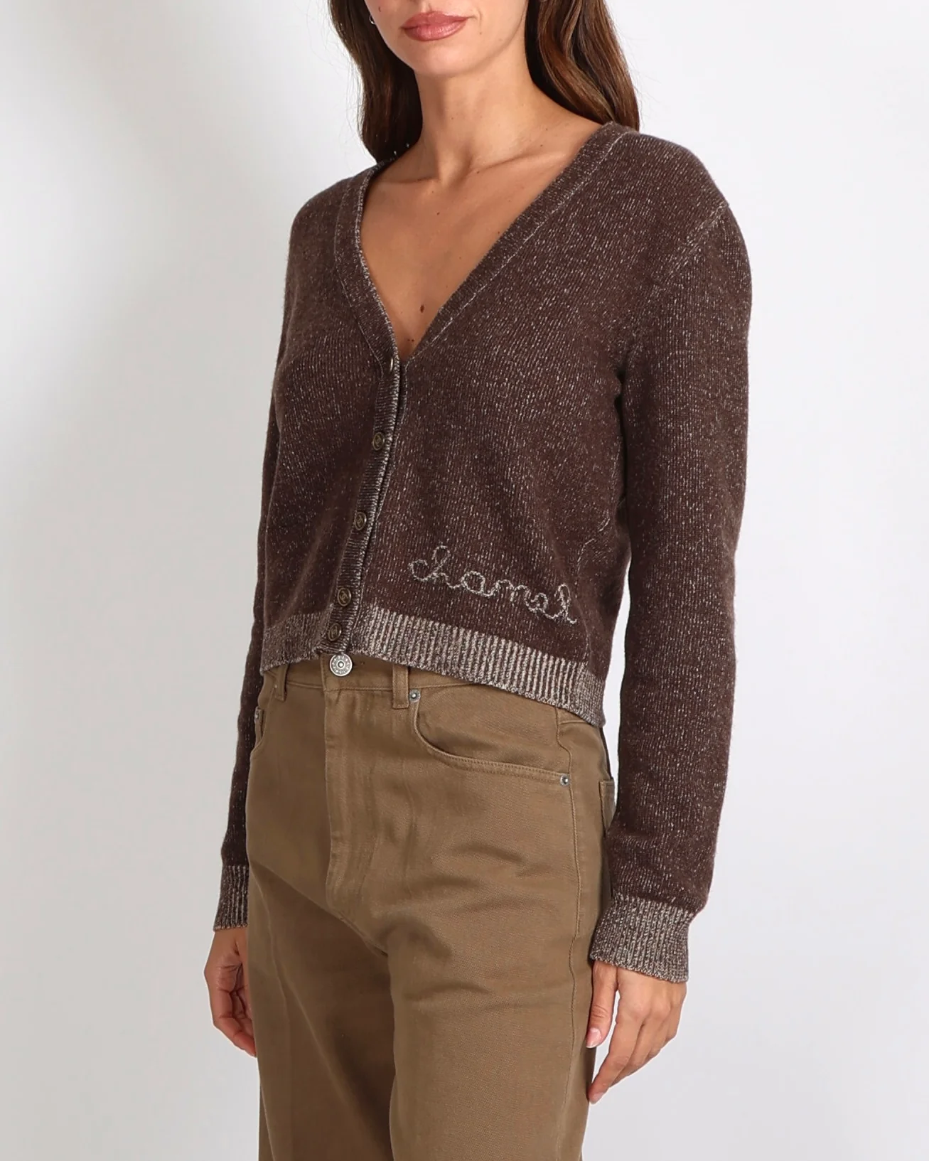 Chanel Fall 2001 Vintage Brown Cashmere Cardigan with Logo and Gold CC Logo Buttons Size FR 38 (UK 10) - Image 2