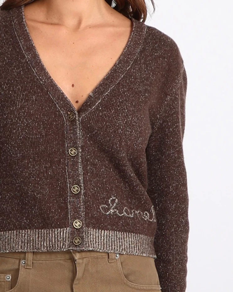 Chanel Fall 2001 Vintage Brown Cashmere Cardigan with Logo and Gold CC Logo Buttons Size FR 38 (UK 10) - Image 4