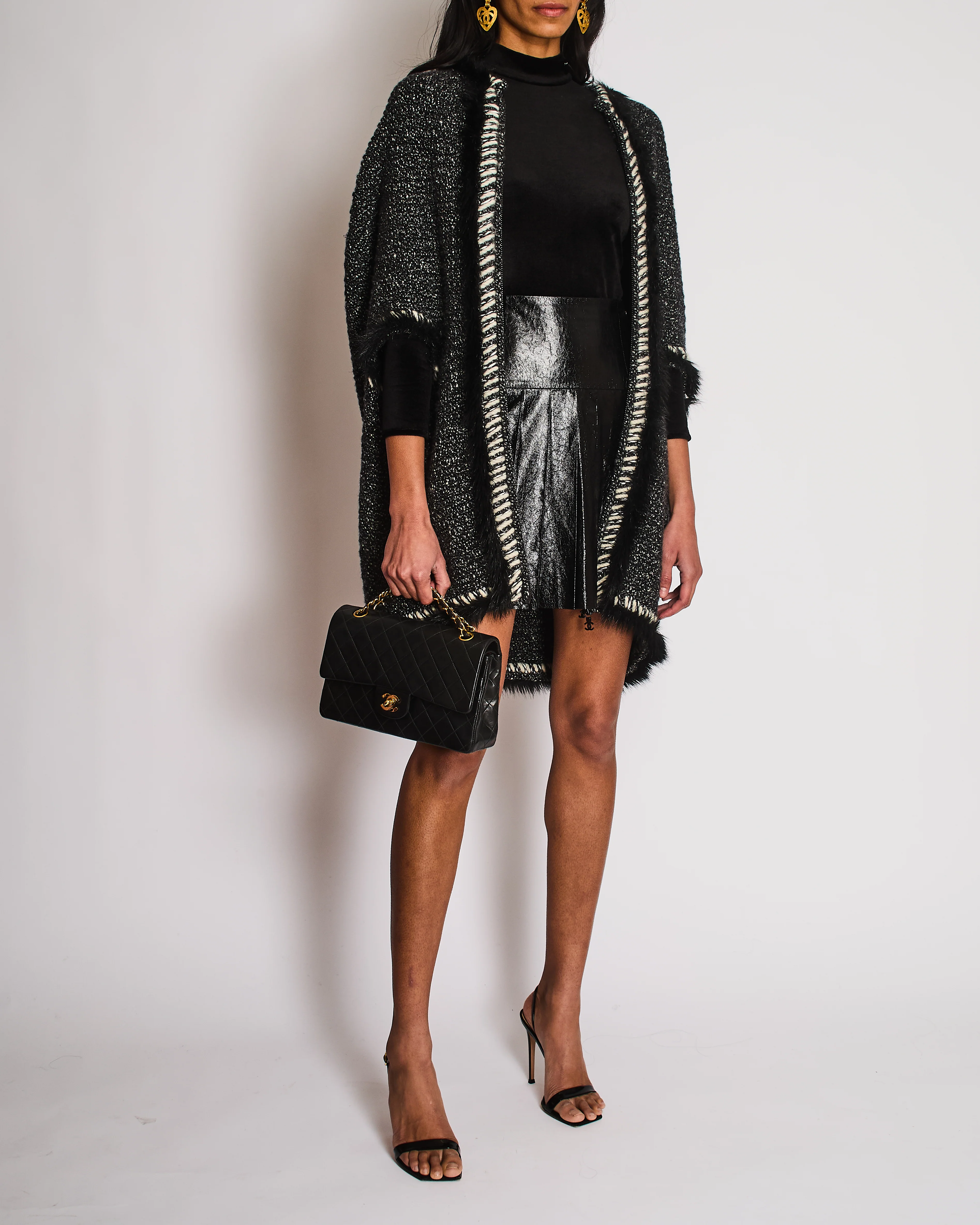 Chanel Fall 2010 Collection Black and White Cashmere Knit Cape with Fur Trimmings Size FR 40 (UK 12)